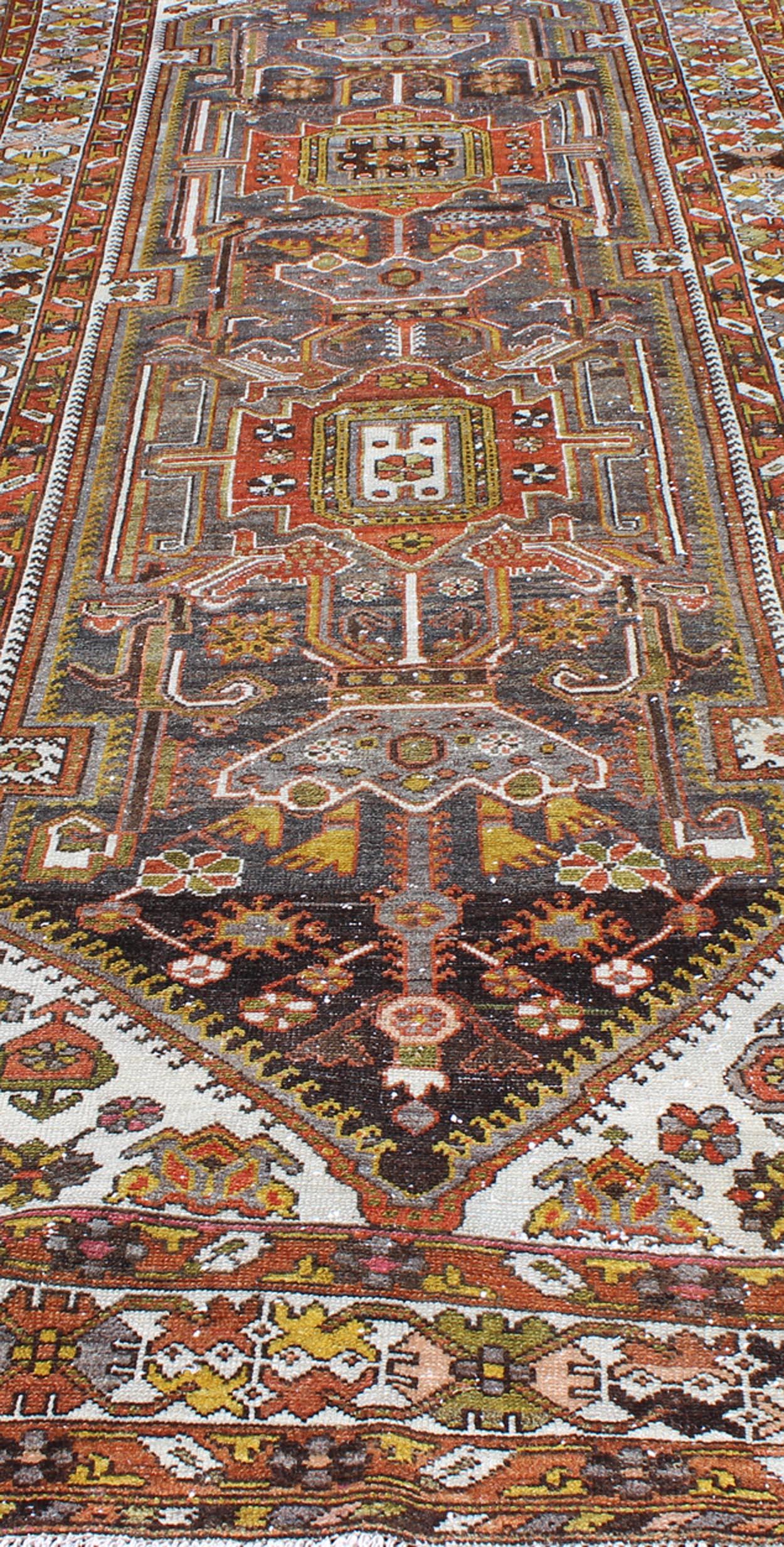 Ornate and Colorful Vintage Persian Bakhtiari Runner in Charcoal and Gray For Sale 4