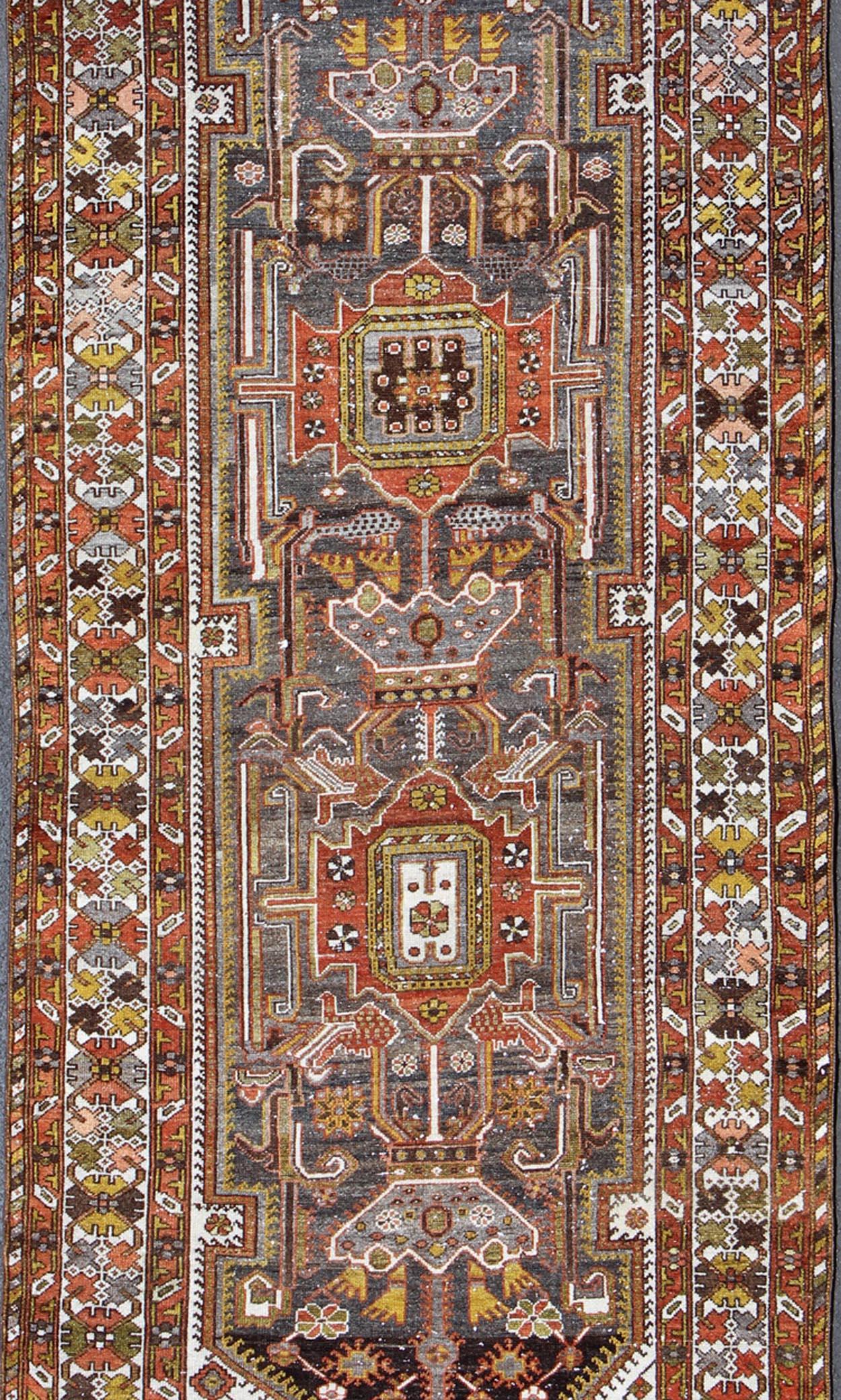 Tribal Ornate and Colorful Vintage Persian Bakhtiari Runner in Charcoal and Gray For Sale