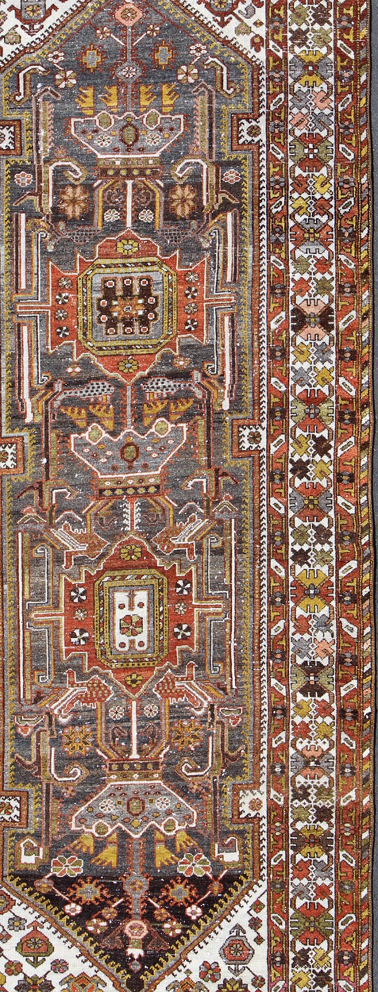 Hand-Knotted Ornate and Colorful Vintage Persian Bakhtiari Runner in Charcoal and Gray For Sale