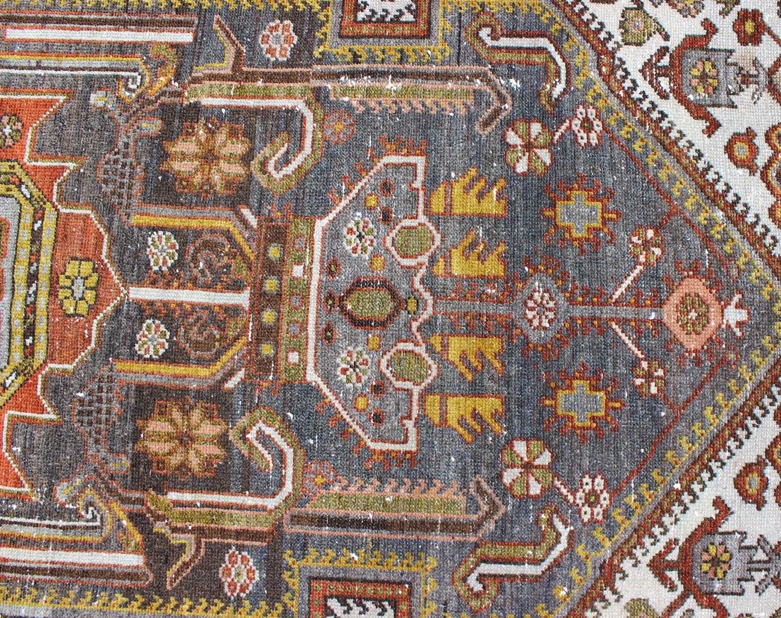 Mid-20th Century Ornate and Colorful Vintage Persian Bakhtiari Runner in Charcoal and Gray For Sale