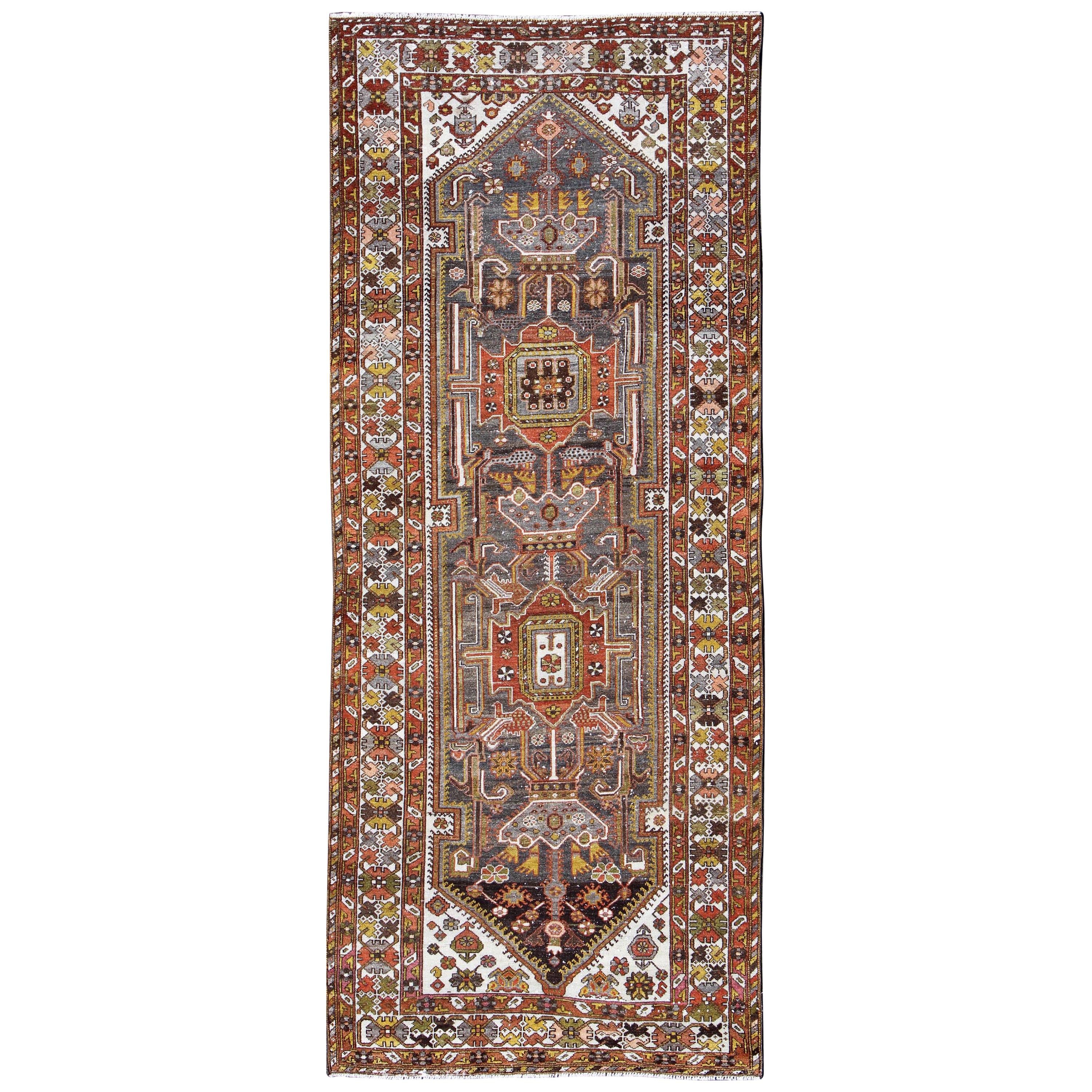 Ornate and Colorful Vintage Persian Bakhtiari Runner in Charcoal and Gray For Sale