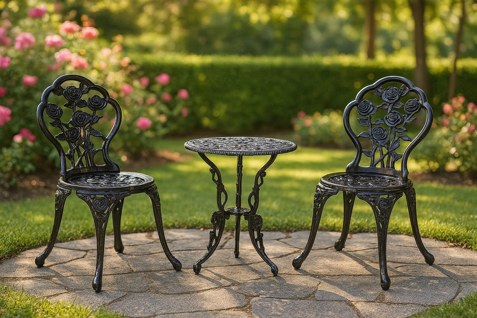 Suchen Sie nach einer schönen und dauerhaften Essgelegenheit im Freien mit einem Hauch von Eleganz? Sehen Sie sich dieses verschnörkelte und schwere Bistro-Set aus Gusseisen mit Rosenmotiv an!

Dieses Bistro-Set wurde um die Jahrhundertmitte in