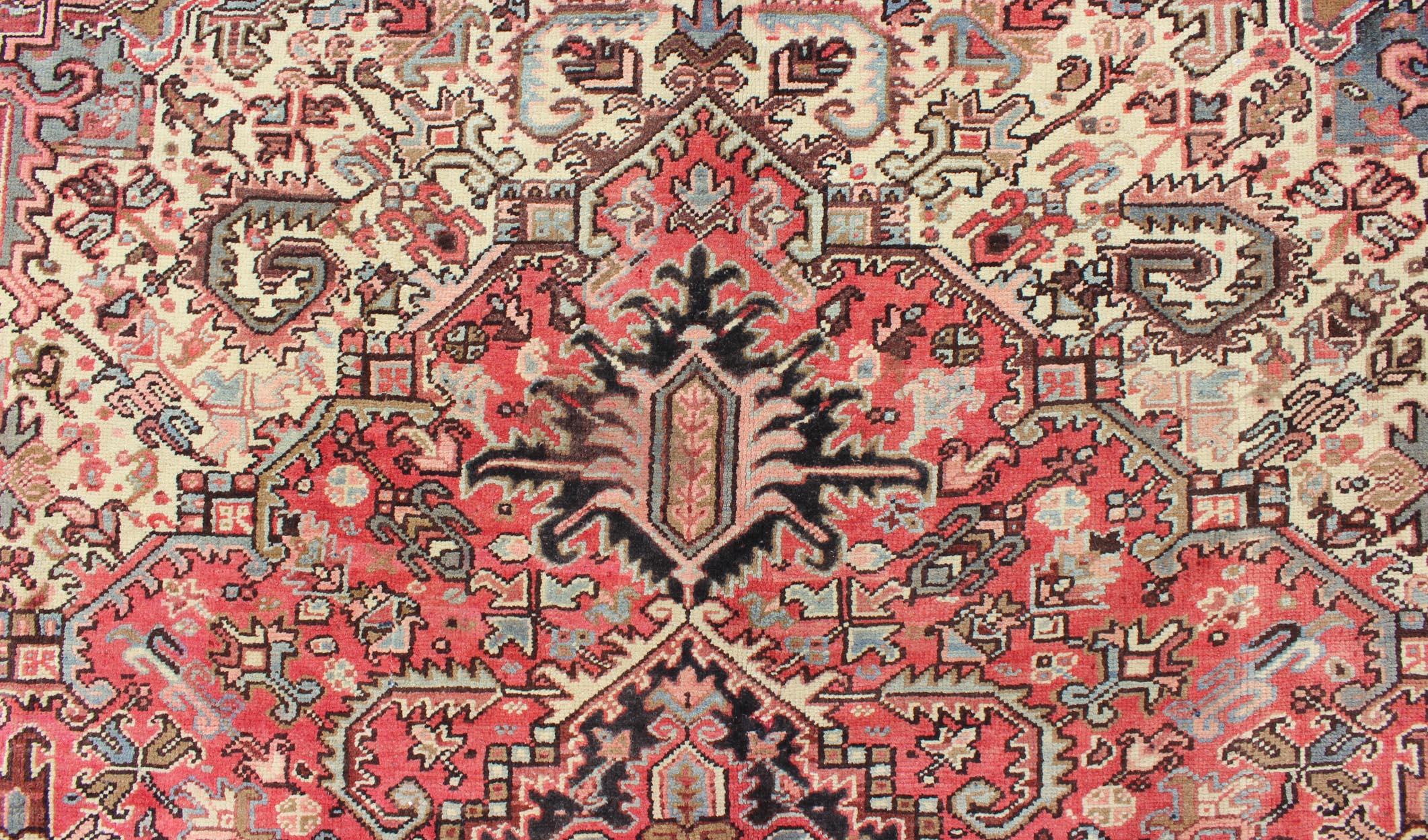 Square Shaped Semi Antique Persian Heriz Rug with Geometric Medallion  6