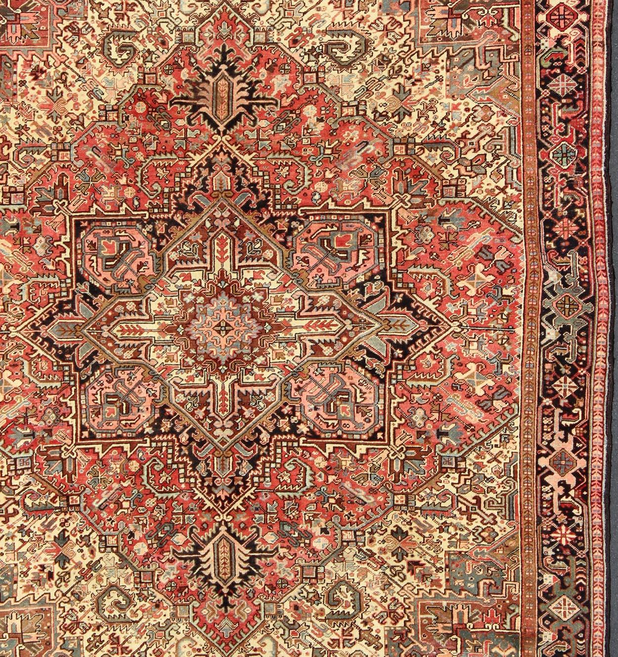 Hand-Knotted Square Shaped Semi Antique Persian Heriz Rug with Geometric Medallion 