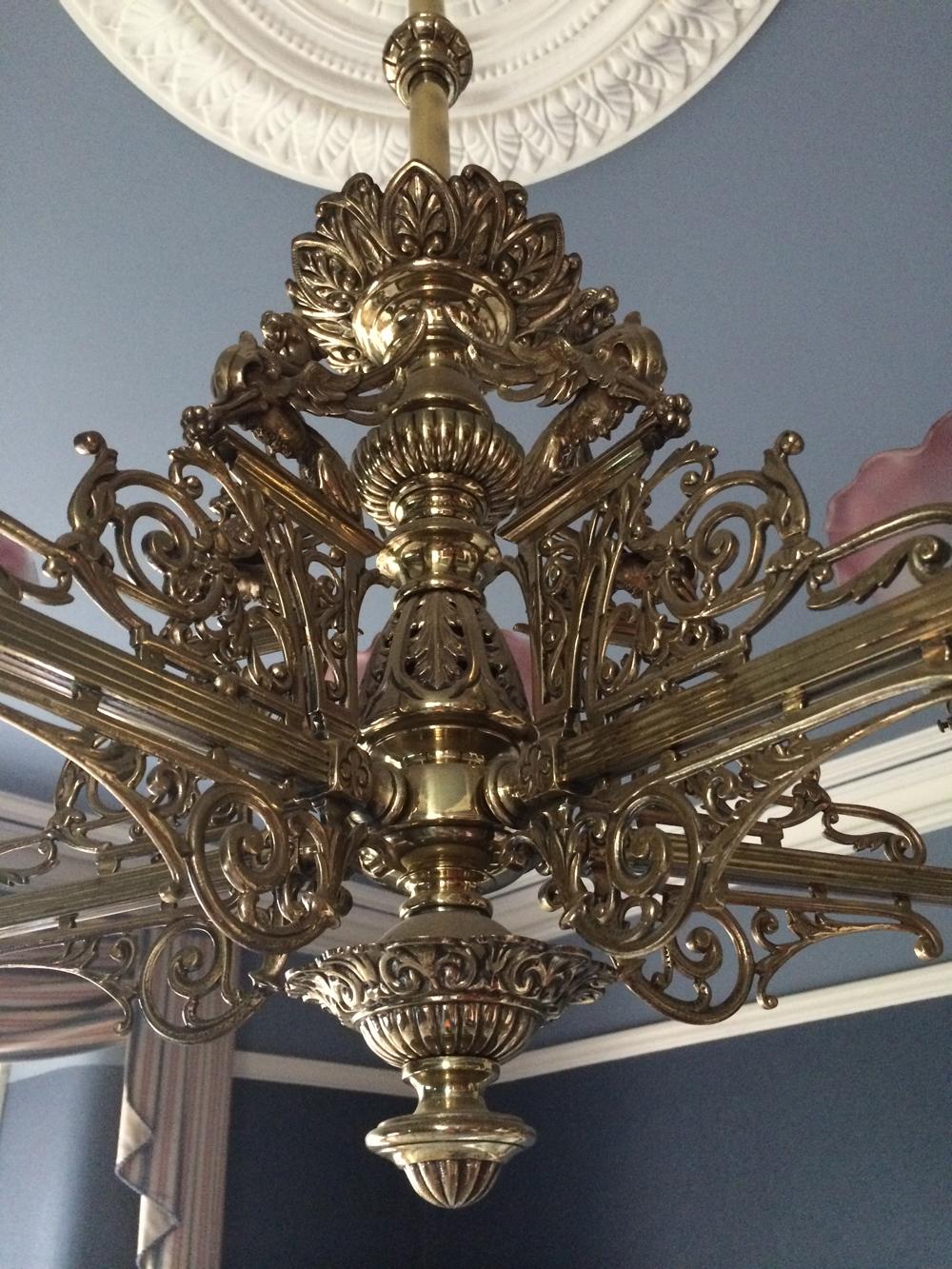 English Ornate Antique 19th Century Five Branch Brass Chandelier