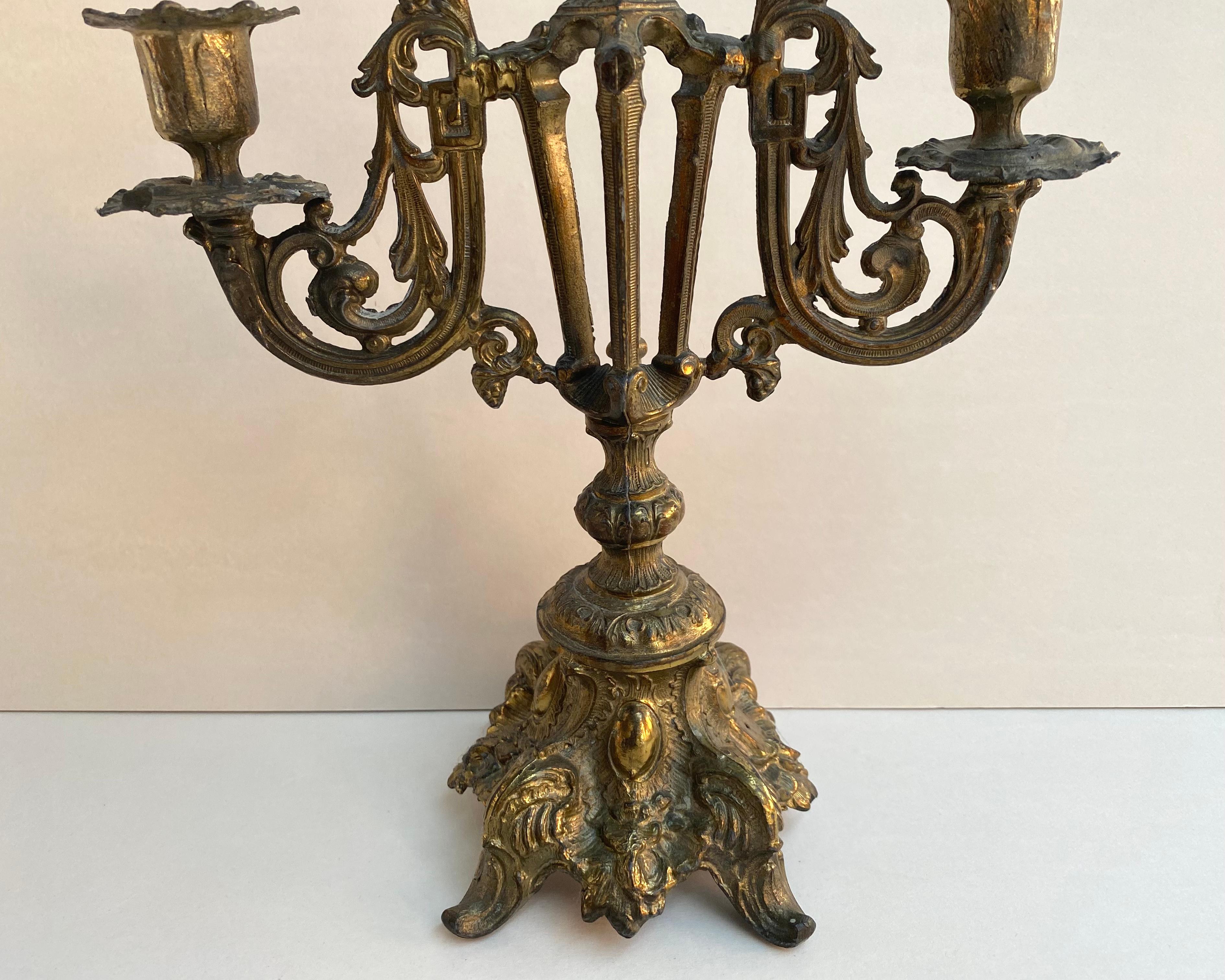 Baroque Ornate Antique Candlestick Holder in Brass, France, 1900 3 Arm Candleholder