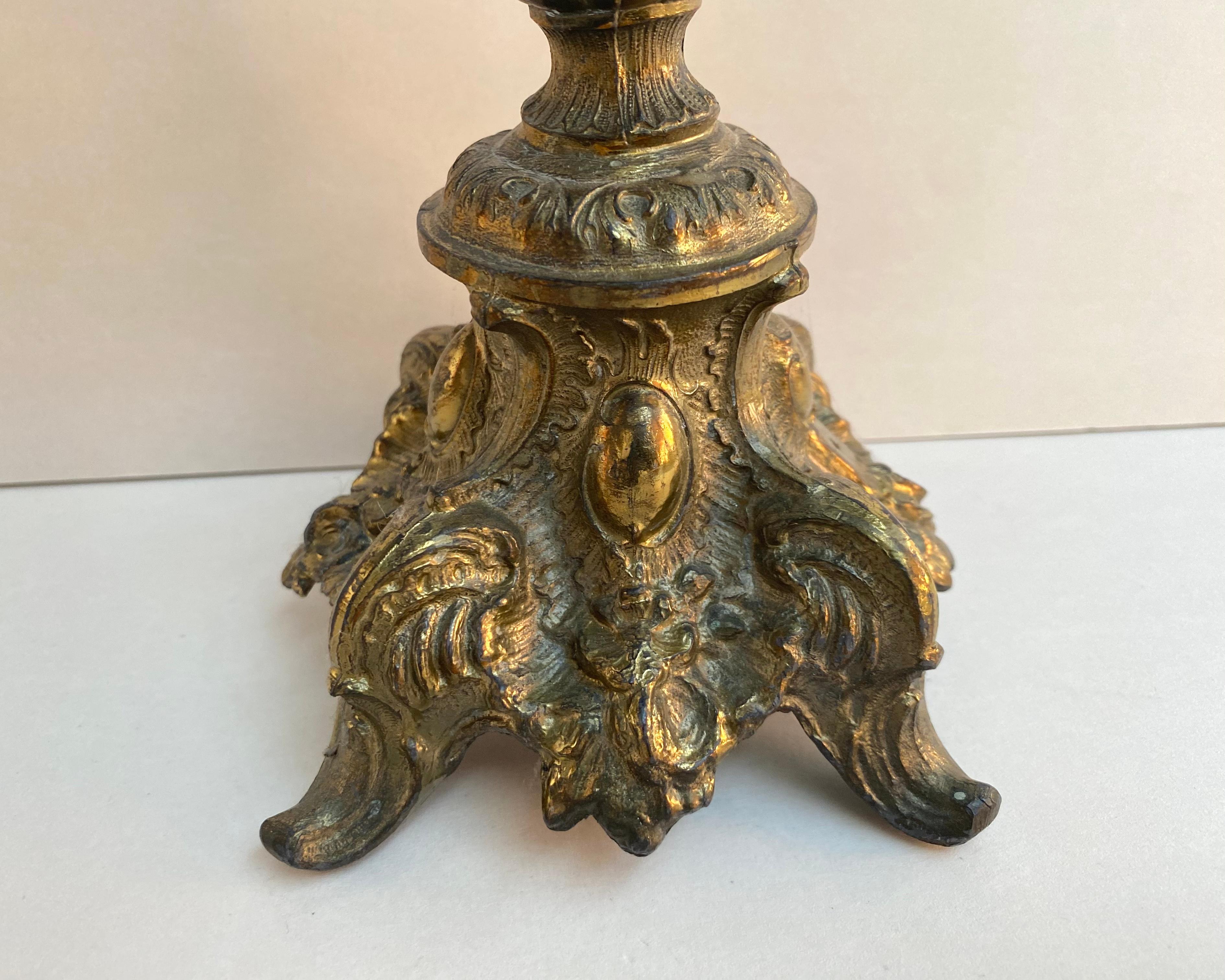 French Ornate Antique Candlestick Holder in Brass, France, 1900 3 Arm Candleholder