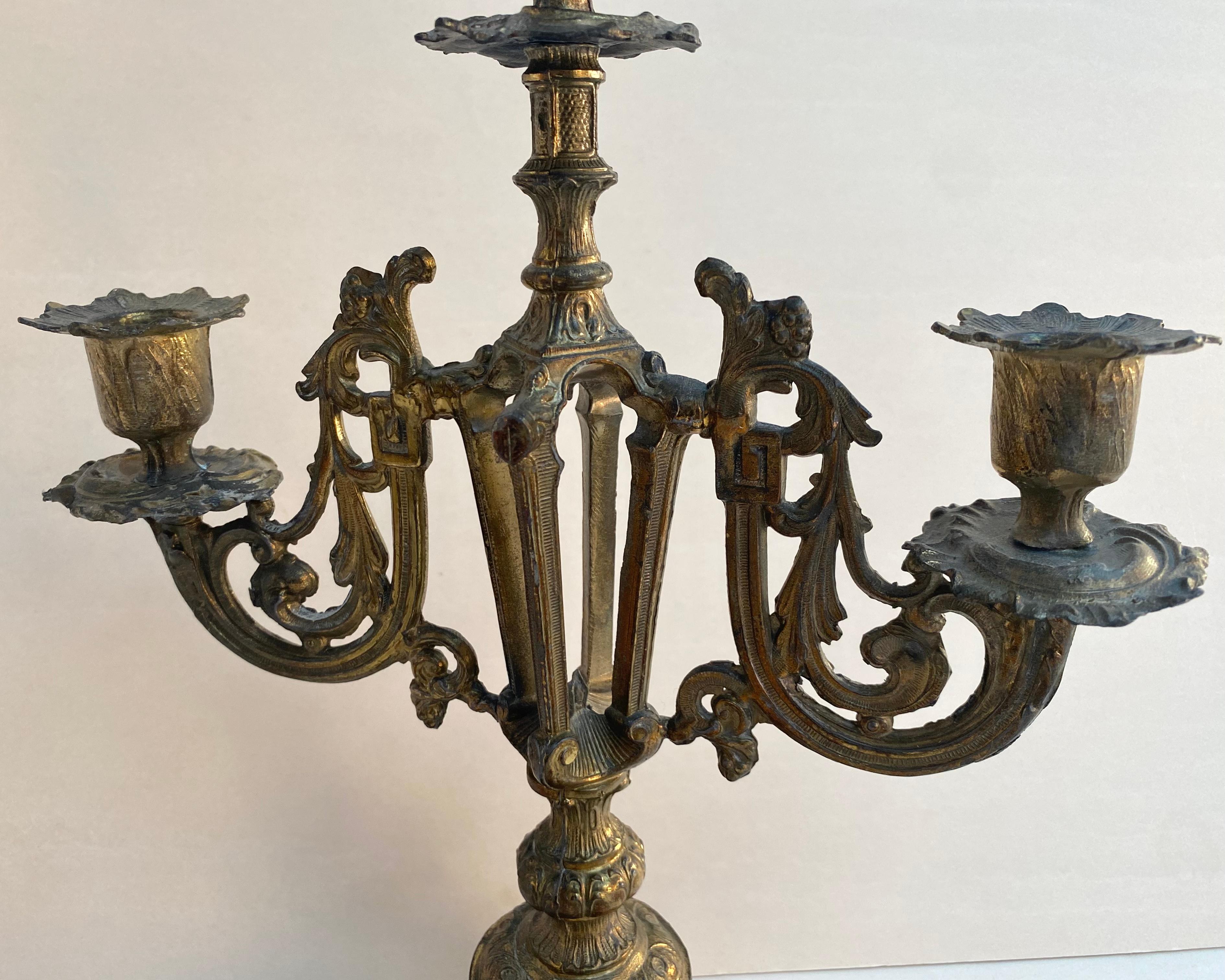 Ornate Antique Candlestick Holder in Brass, France, 1900 3 Arm Candleholder In Excellent Condition In Bastogne, BE