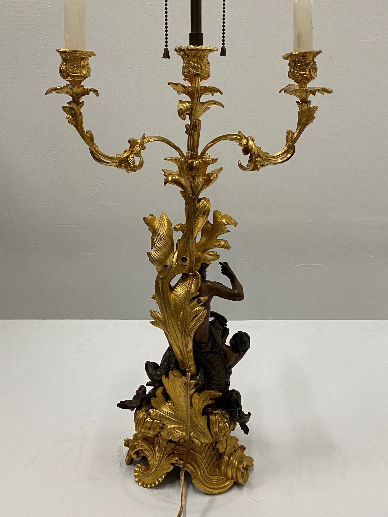 Ornate Antique French Gilt & Patinated Myth Inspired Bronze Candlestick Lamp 9