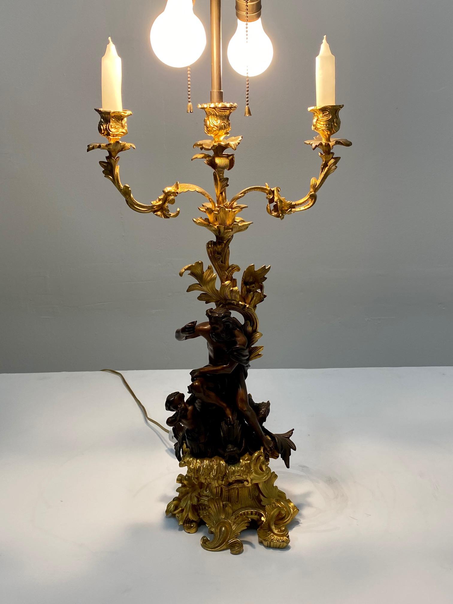 Ornate Antique French Gilt & Patinated Myth Inspired Bronze Candlestick Lamp 12