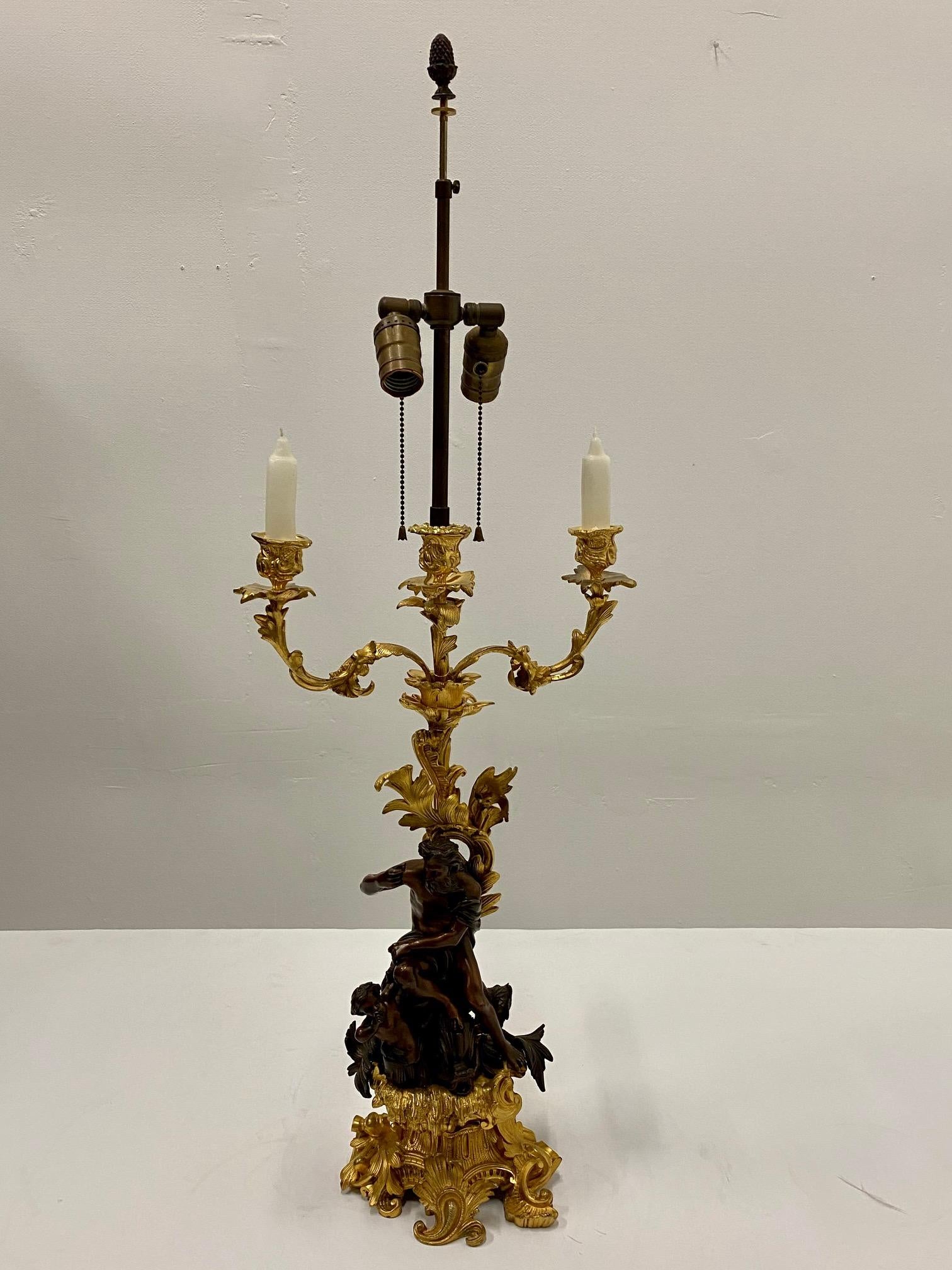 Rococo Ornate Antique French Gilt & Patinated Myth Inspired Bronze Candlestick Lamp