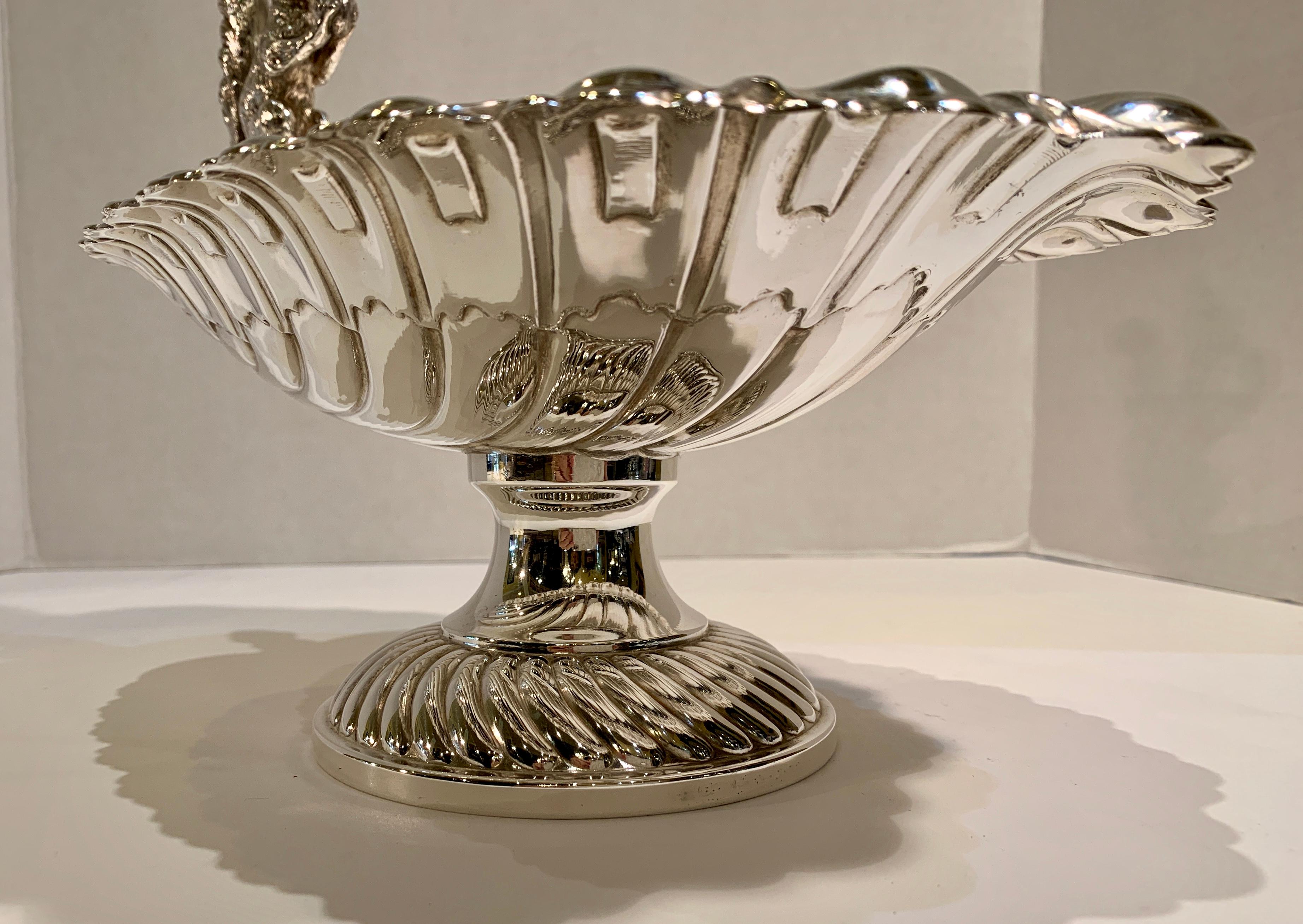 English Ornate Antique Silver Squirrel Nut or Candy Dish Compote with Fancy Shell Bowl