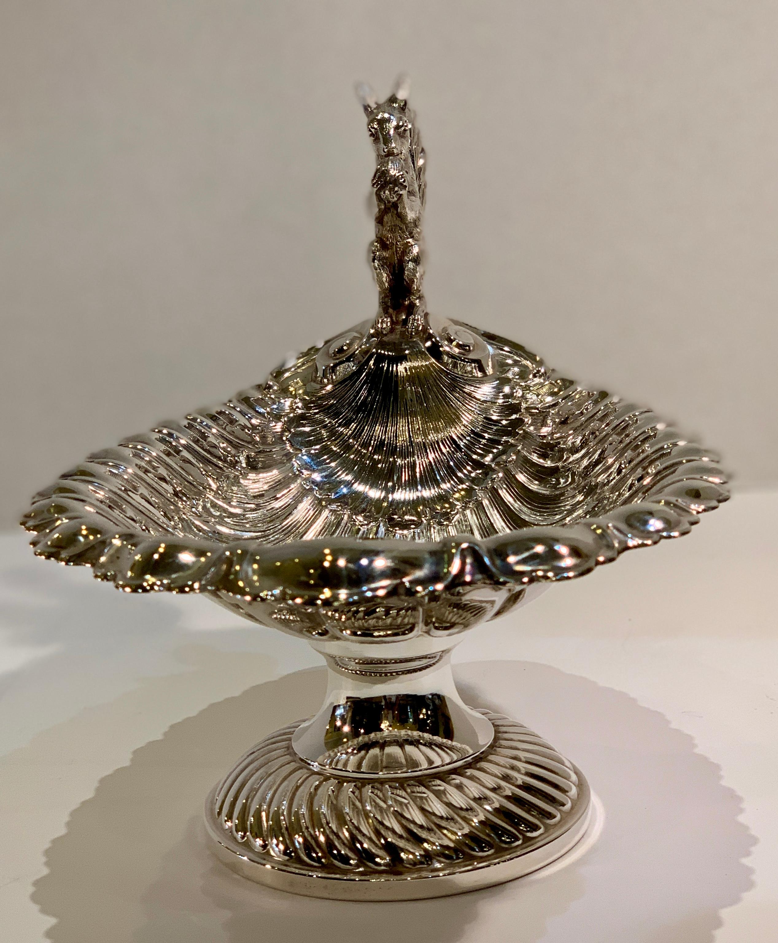 Hand-Crafted Ornate Antique Silver Squirrel Nut or Candy Dish Compote with Fancy Shell Bowl