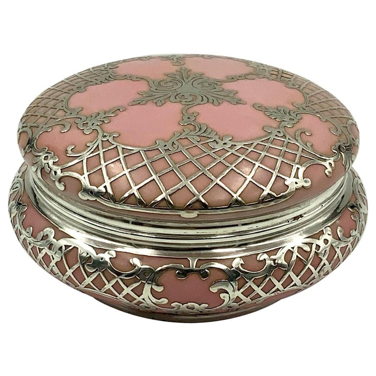 Ornate Antique Sterling Silver Pink Porcelain Vanity Powder Jar Trinket