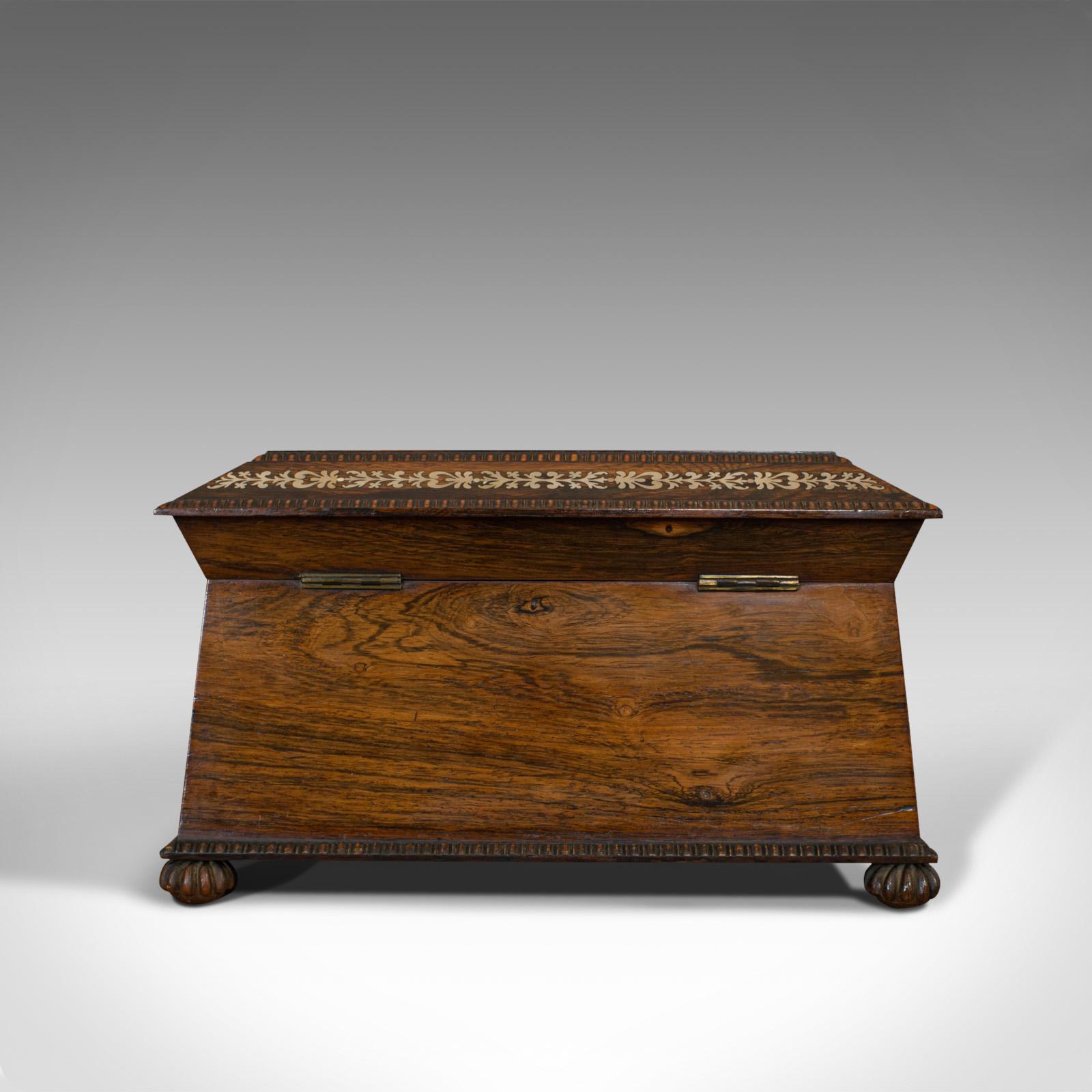 British Ornate Antique Tea Caddy, English, Rosewood, Sarcophagus, Chest, Regency