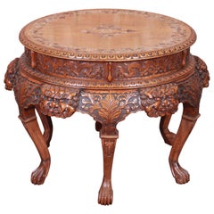 Ornate Asian Carved Walnut Center Table with Mother of Pearl Inlay