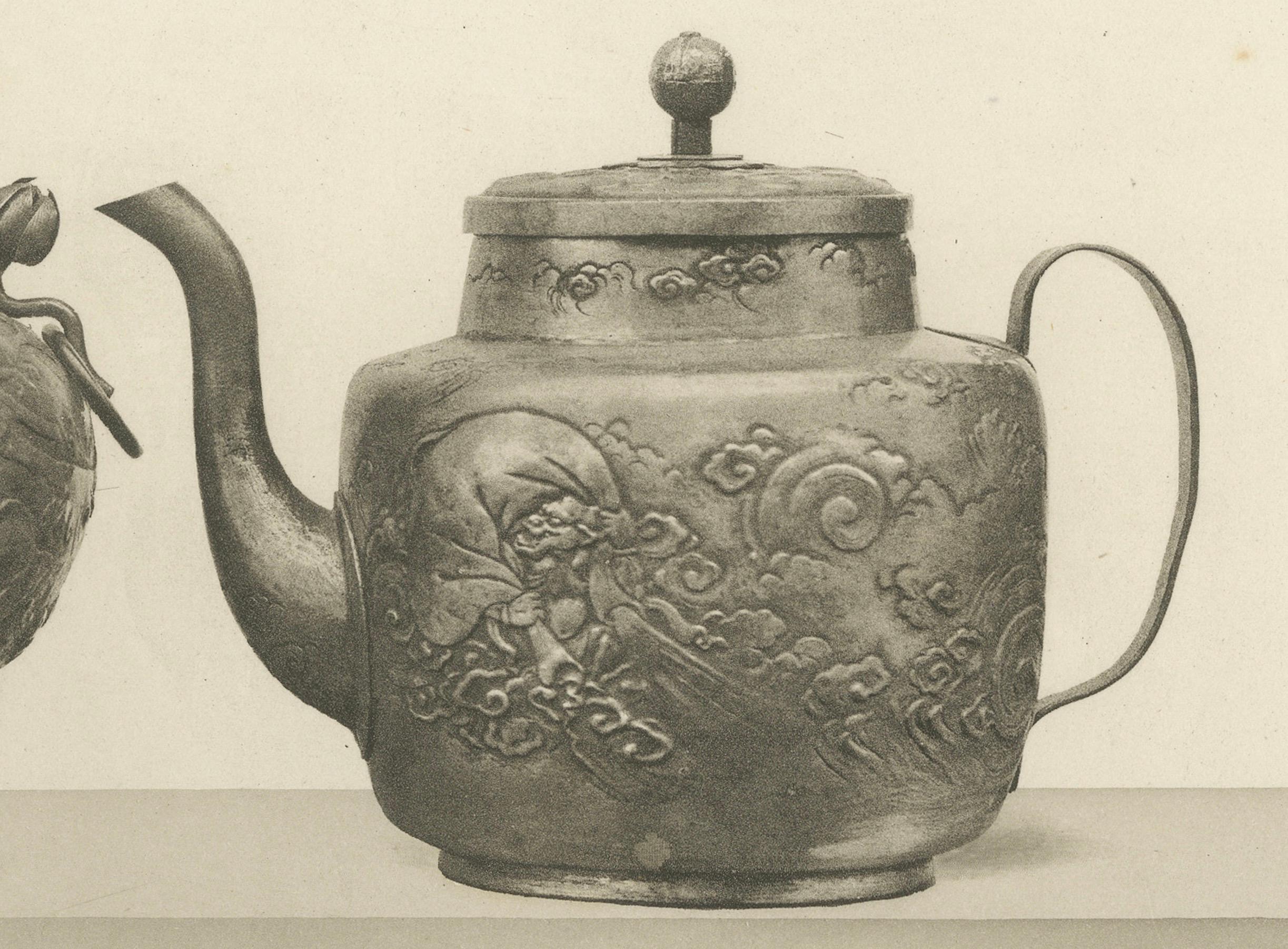 Title: Ornate Asian Teapots and Kettles – Plate XVI from Section VI of G. A. Audsley’s Decorative Art Series

Description: Plate XVI from Section VI of G. A. Audsley’s decorative art series showcases three exquisite teapots and kettles, each