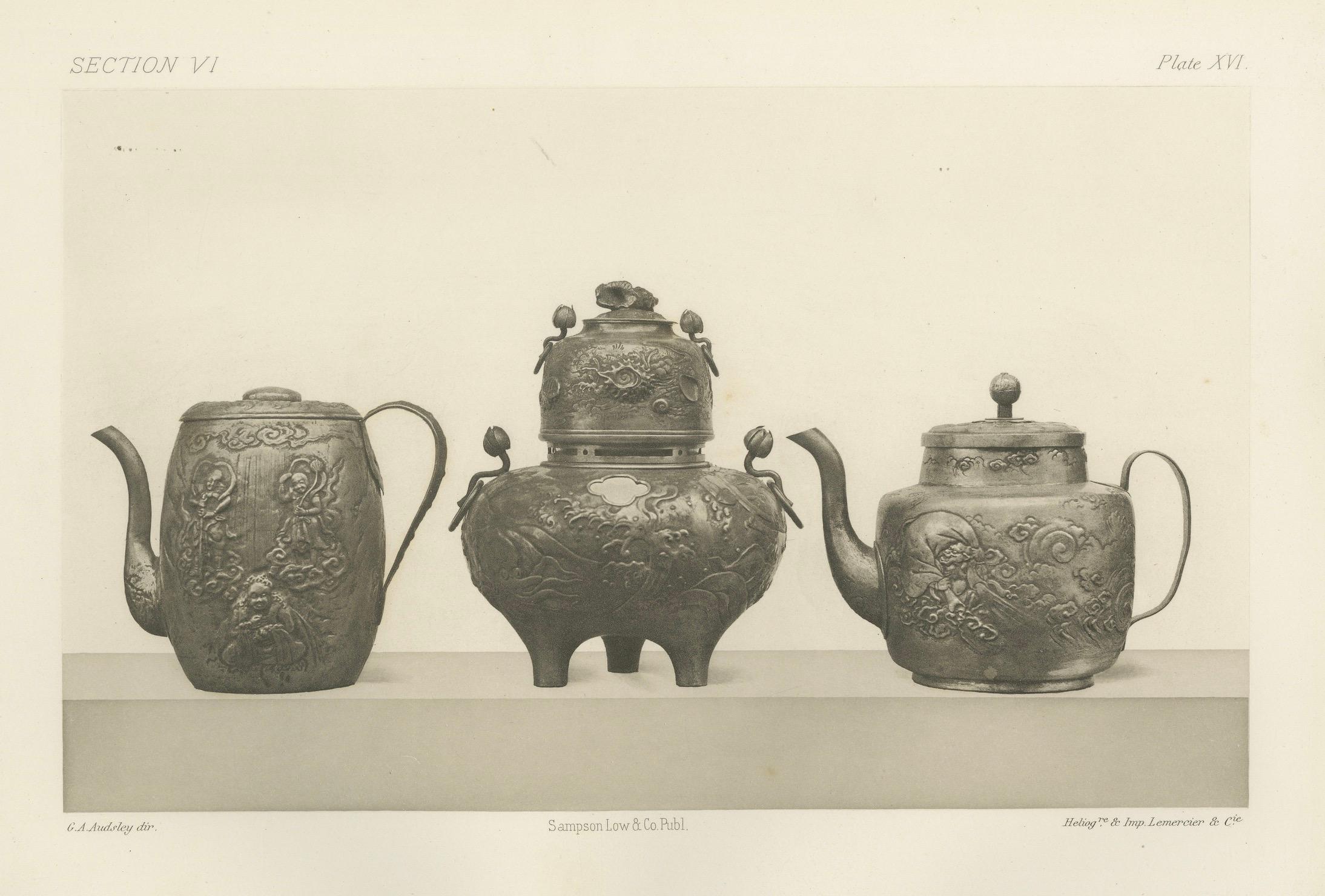 Ornate Asian Teapots and Kettles – Heliographic Artwork by Audsley 1884 For Sale 1