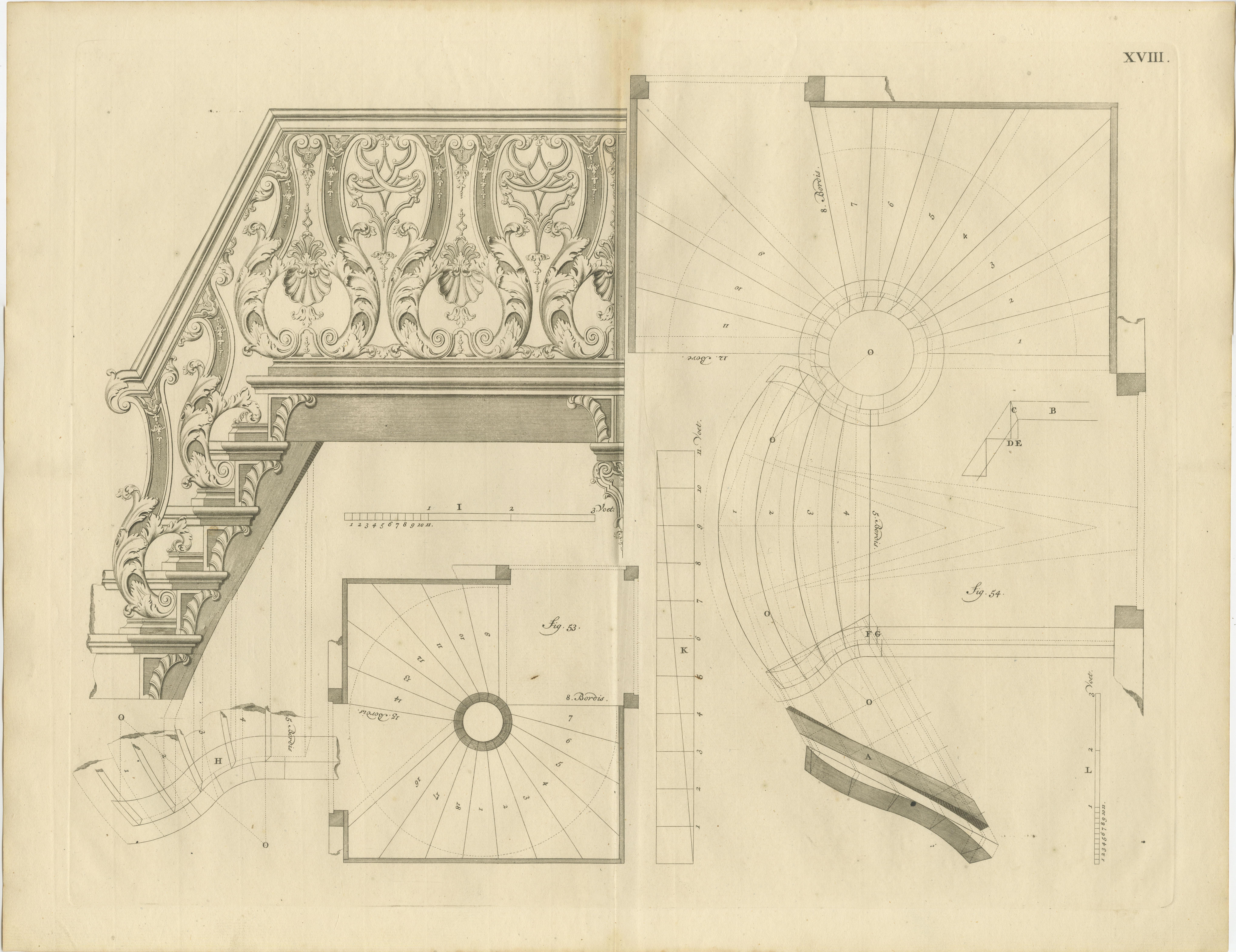 Engraved Ornate Baroque Stairs: Van der Horst's Design Mastery in Engravings, 1739 For Sale
