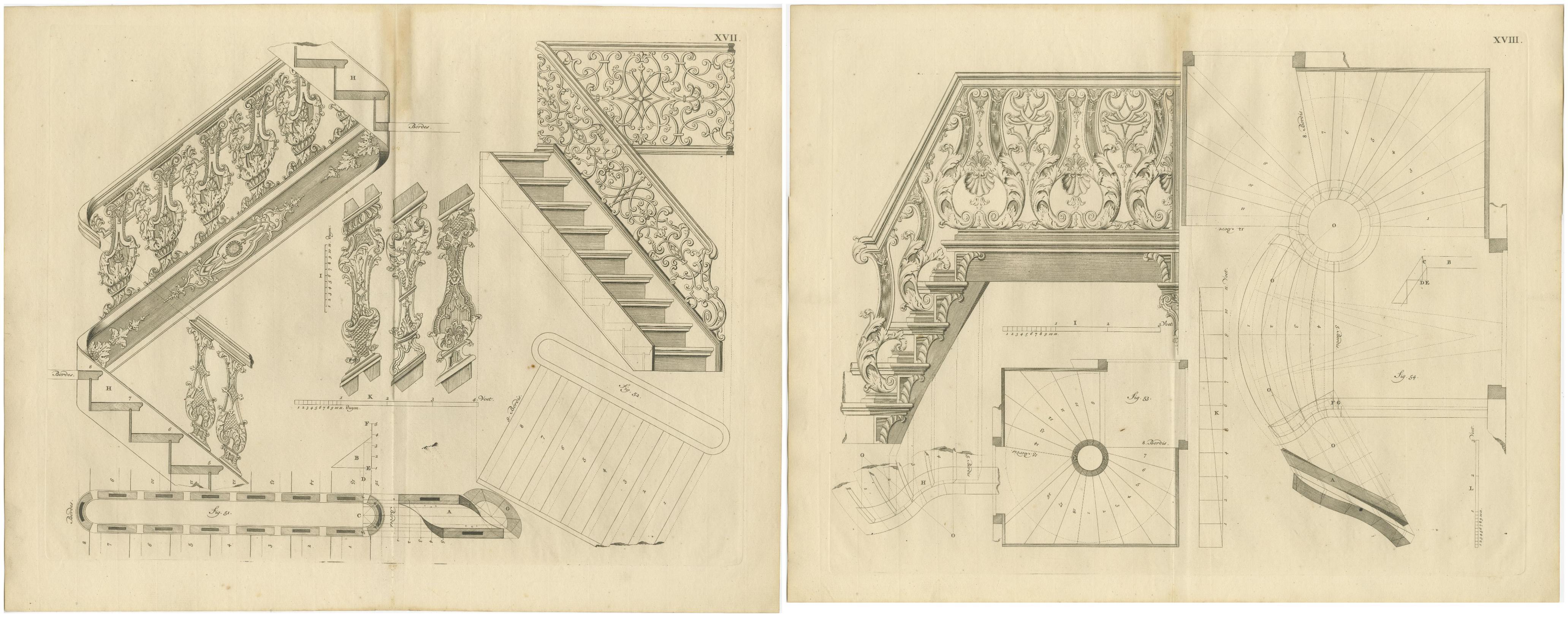 Ornate Baroque Stairs: Van der Horst's Design Mastery in Engravings, 1739 In Good Condition For Sale In Langweer, NL