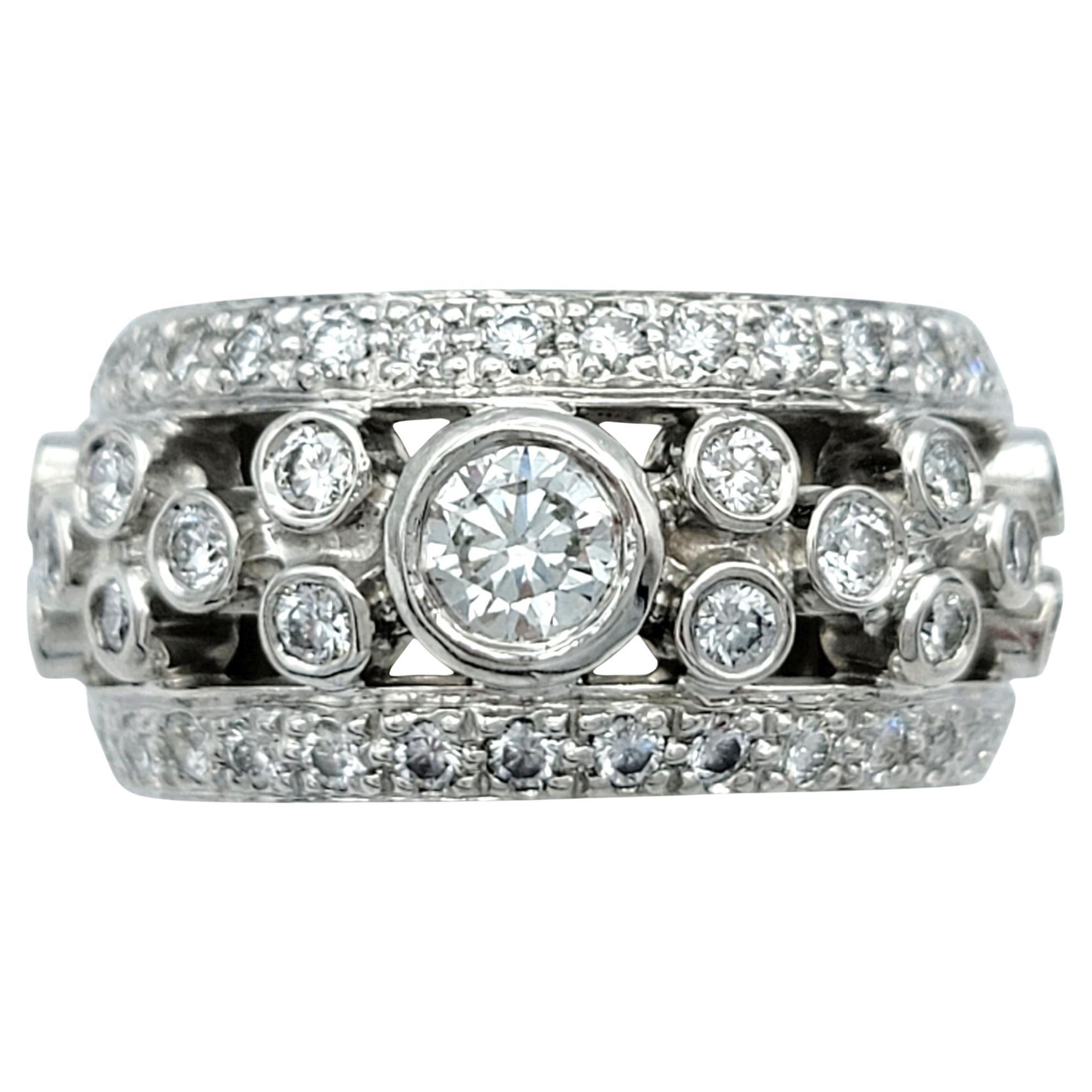 Ornate Bezel Set Diamond Bubble Style Wide Ridged Band Ring in 14 Karat Gold