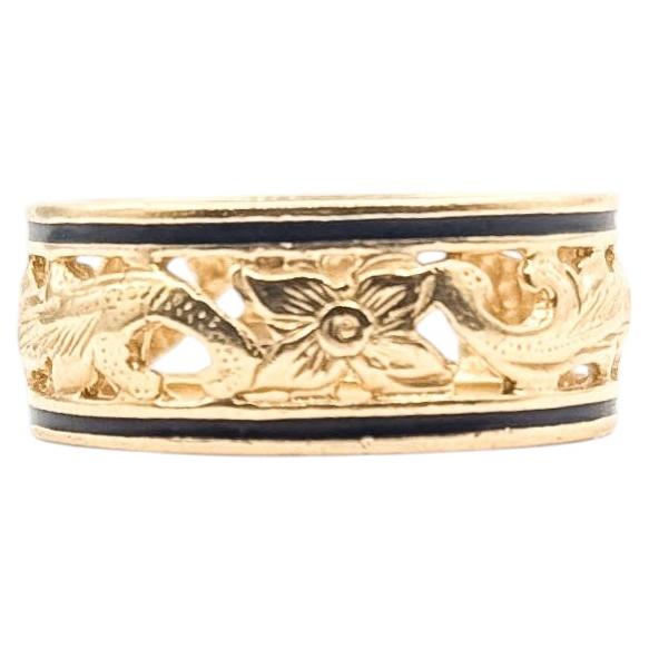 Bague ornée d'émail noir en or jaune 14k