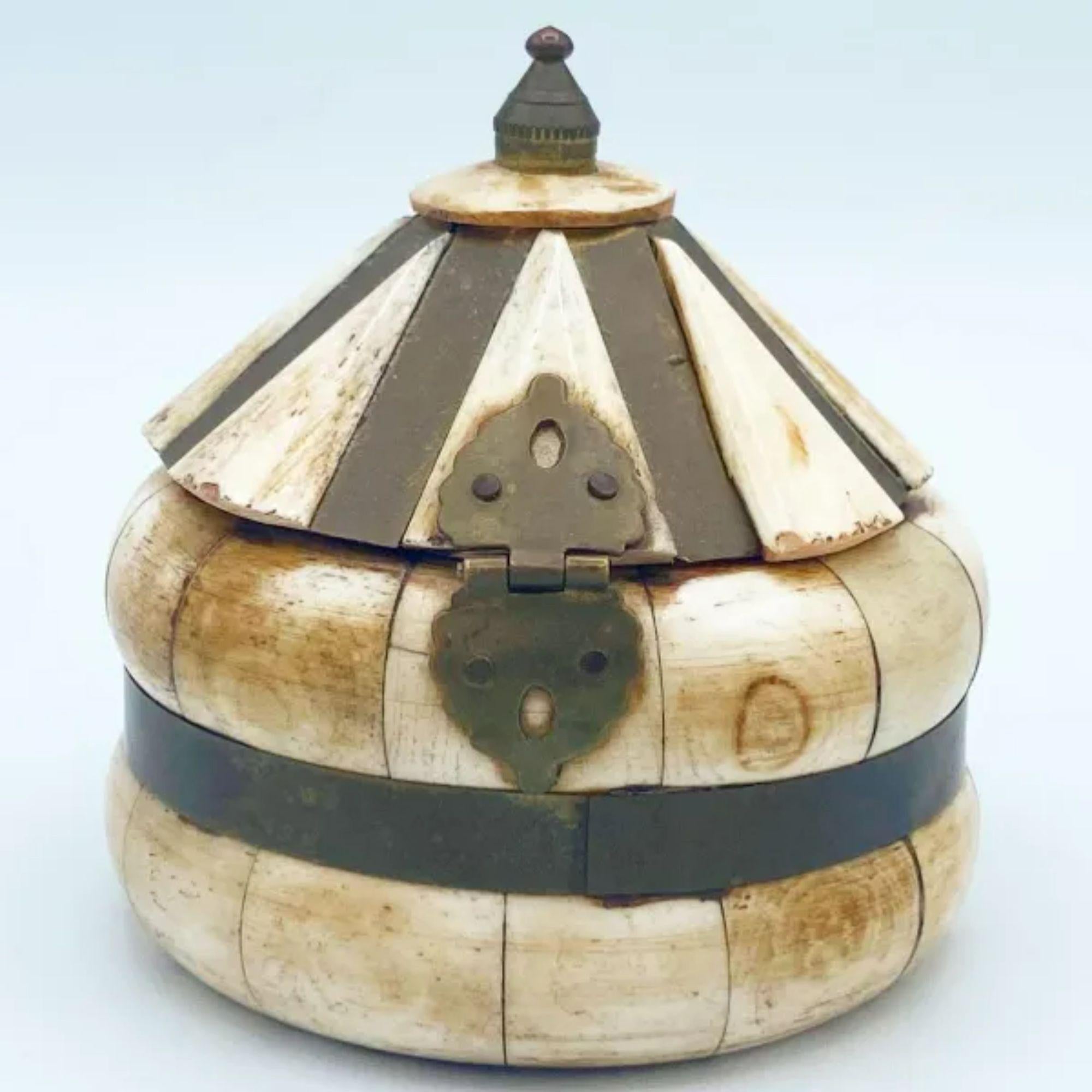 Mid-Century Modern Ornate Bone, Brass & Wood Round Trinket Box