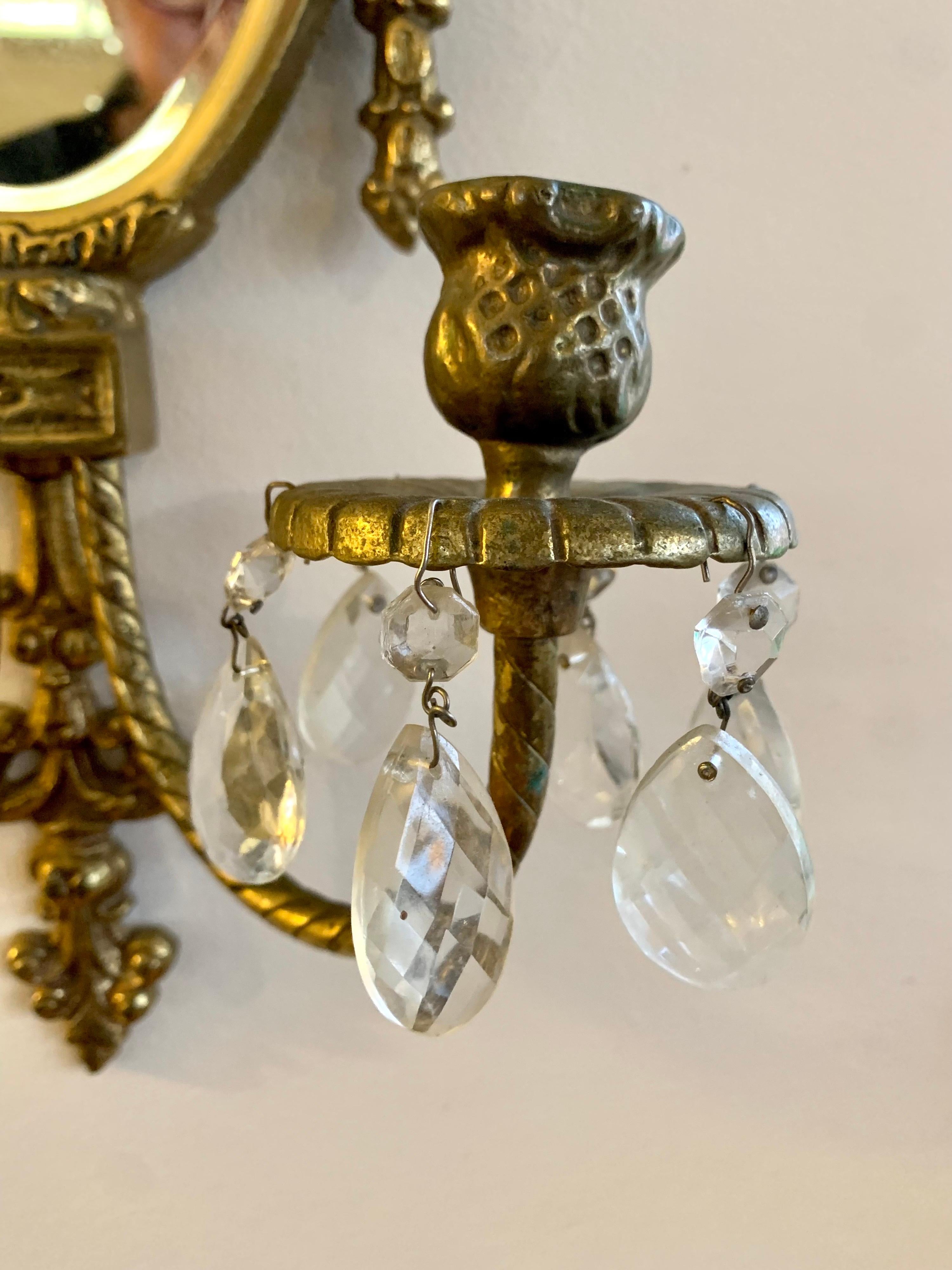 Ornate Brass and Crystal Two Arm Mirrored Candle Sconces, Pair In Good Condition In West Hartford, CT