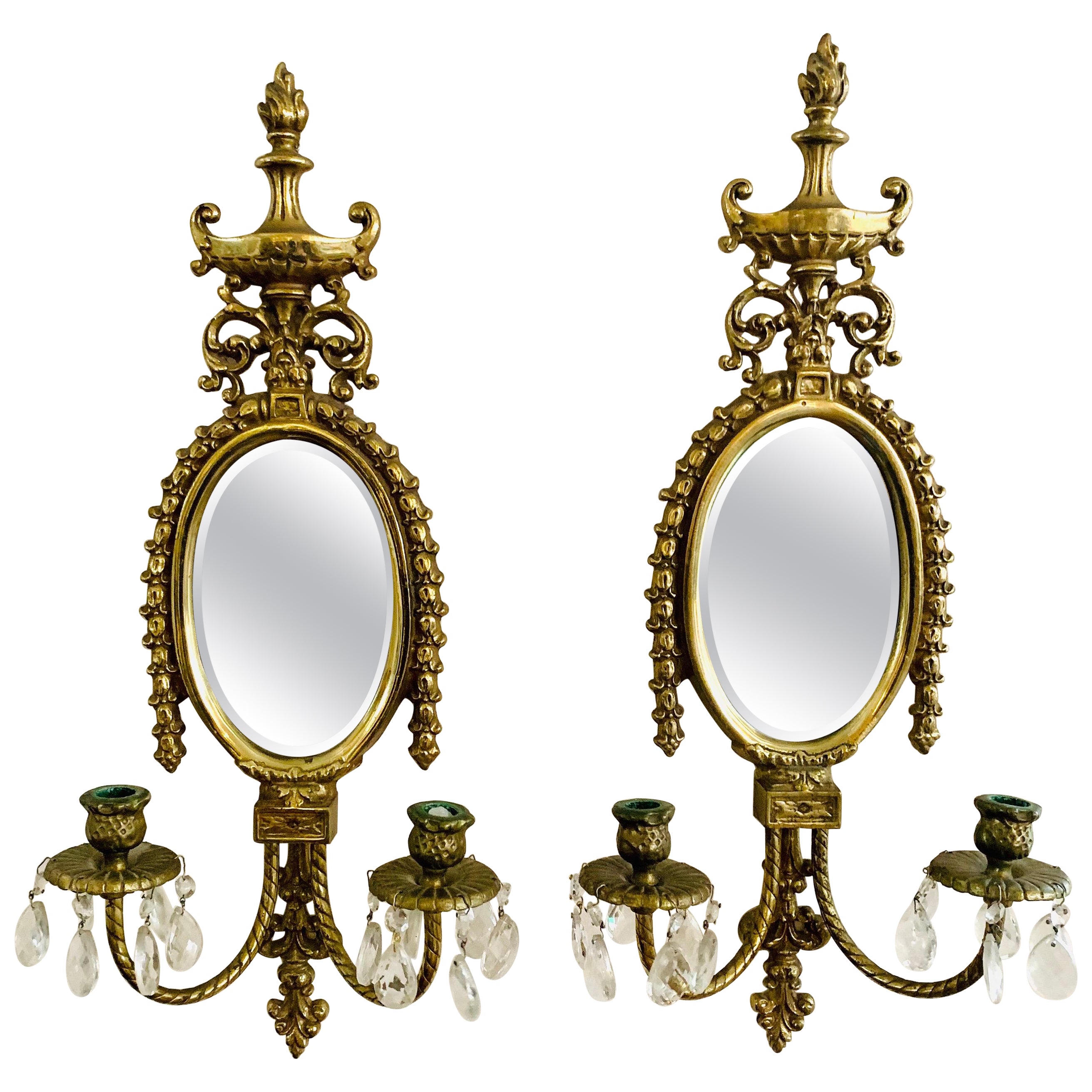 Ornate Brass and Crystal Two Arm Mirrored Candle Sconces, Pair