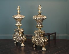 Rococo Revival Brass Andirons, Polished Finish, England, Circa 1850