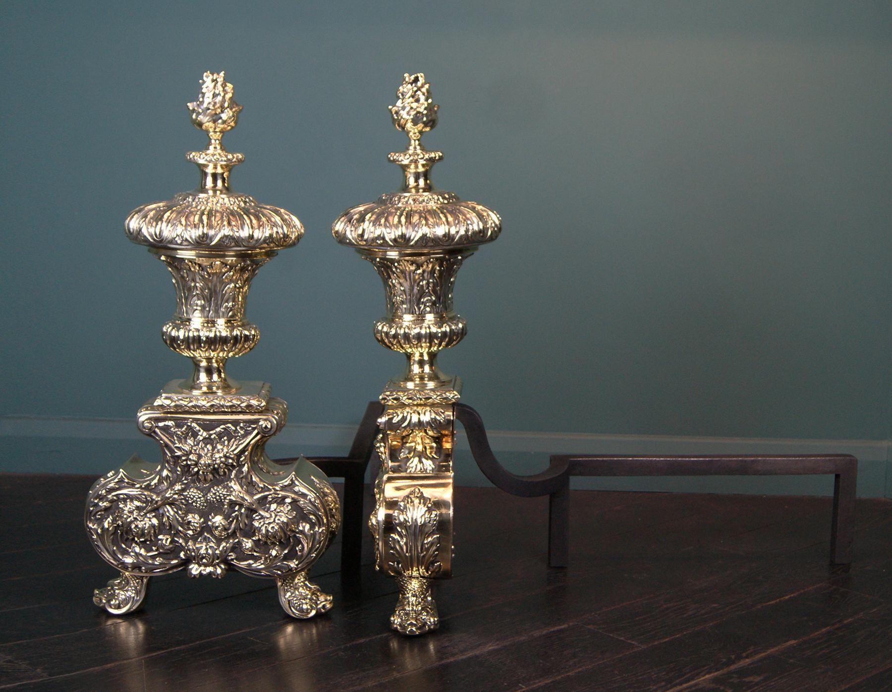 English Ornate Brass Andirons For Sale