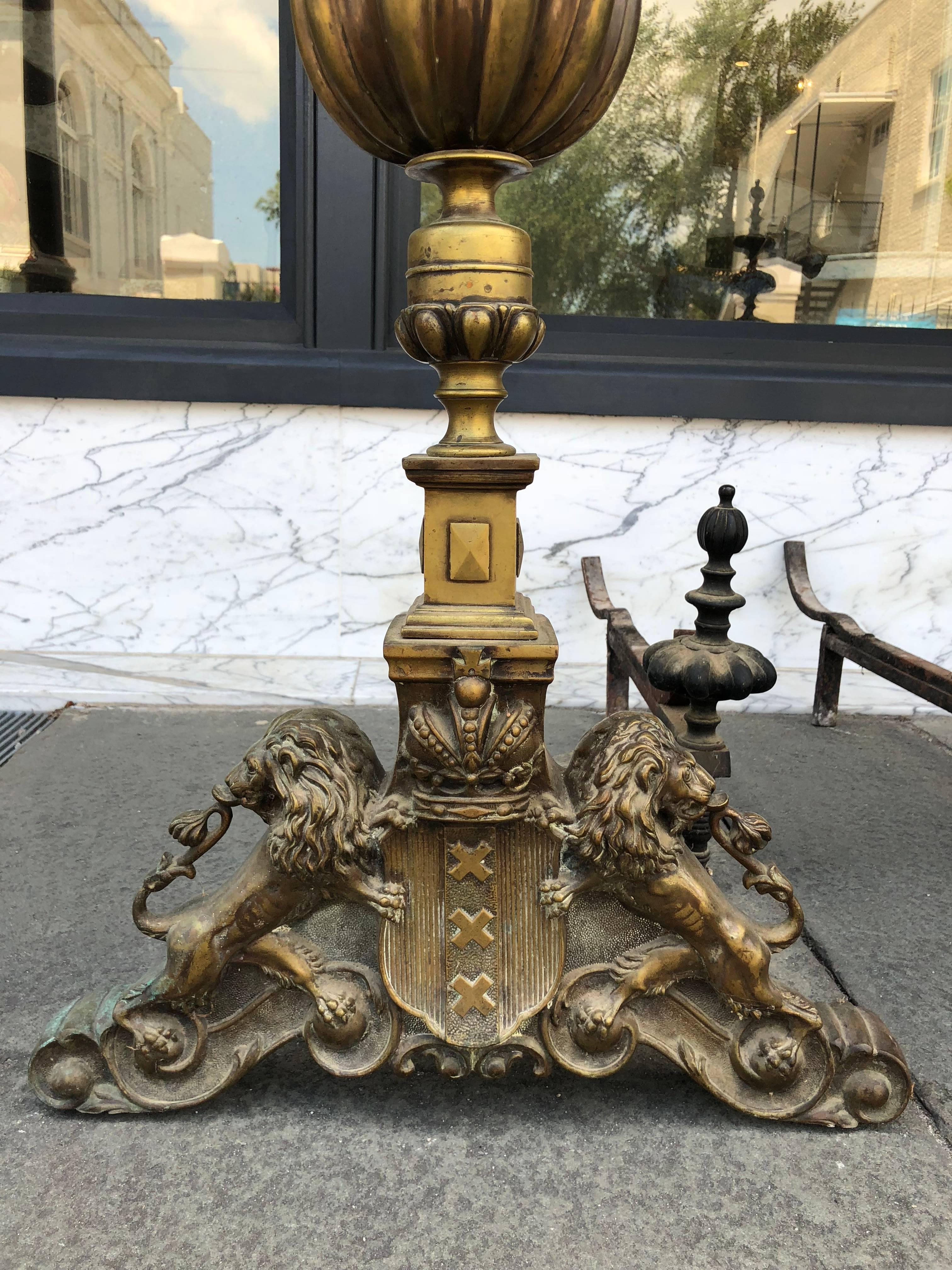 Ornate Brass Andirons with Lion Motif Early 19th Century In Good Condition In Charleston, SC