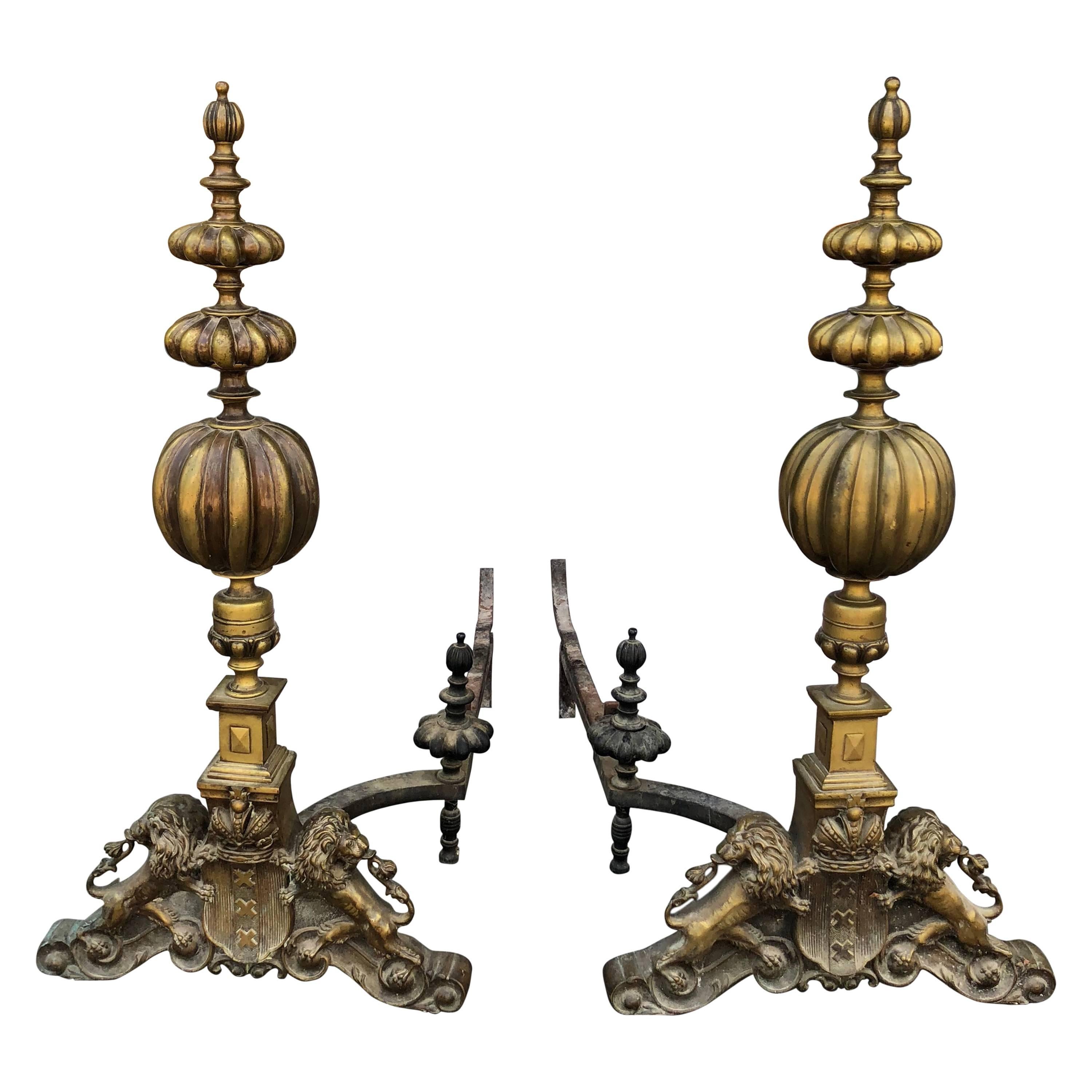 Ornate Brass Andirons with Lion Motif Early 19th Century