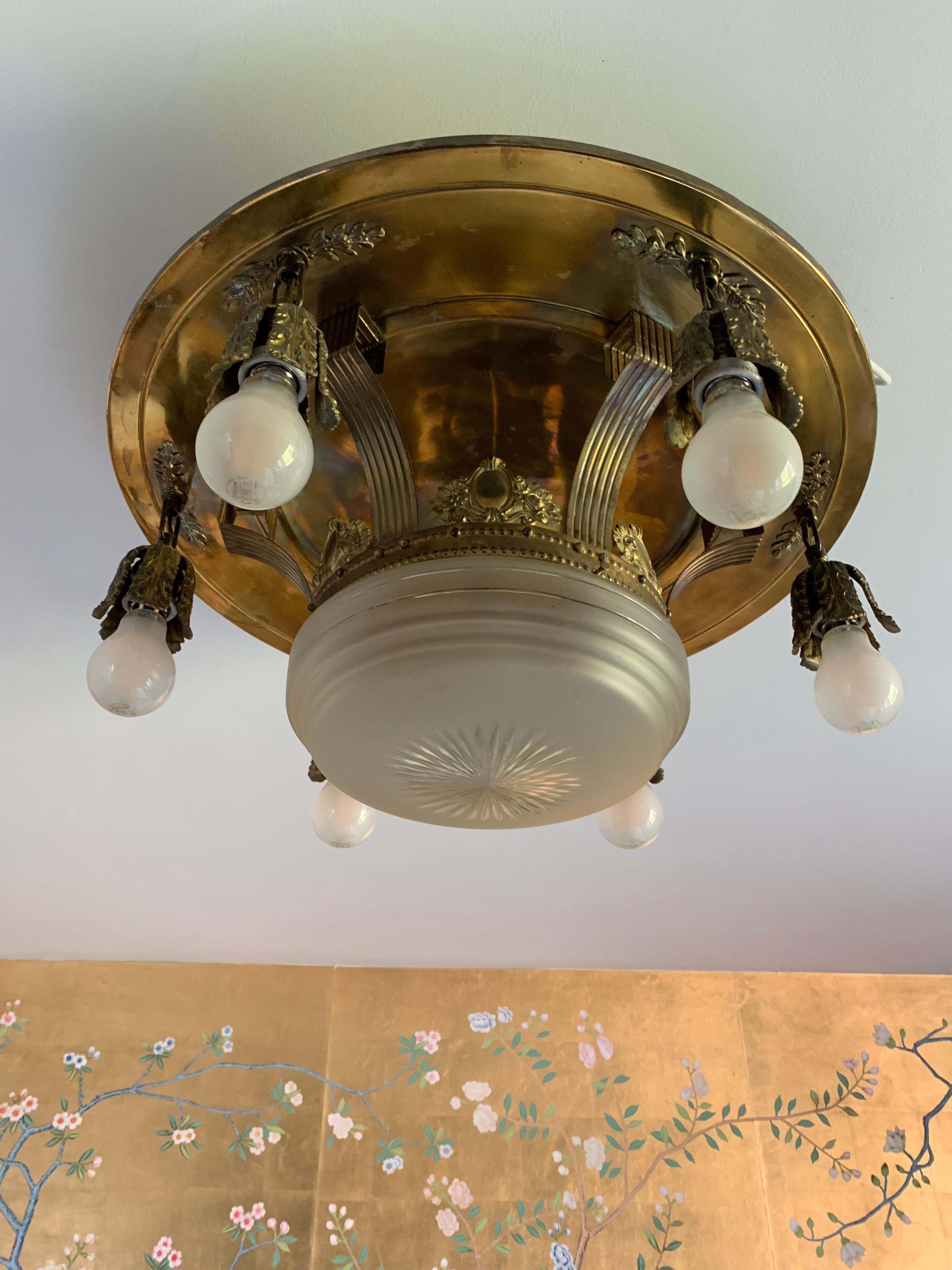 German Ornate Brass Ceiling Light with 6 Light Bulbs 20th Century For Sale