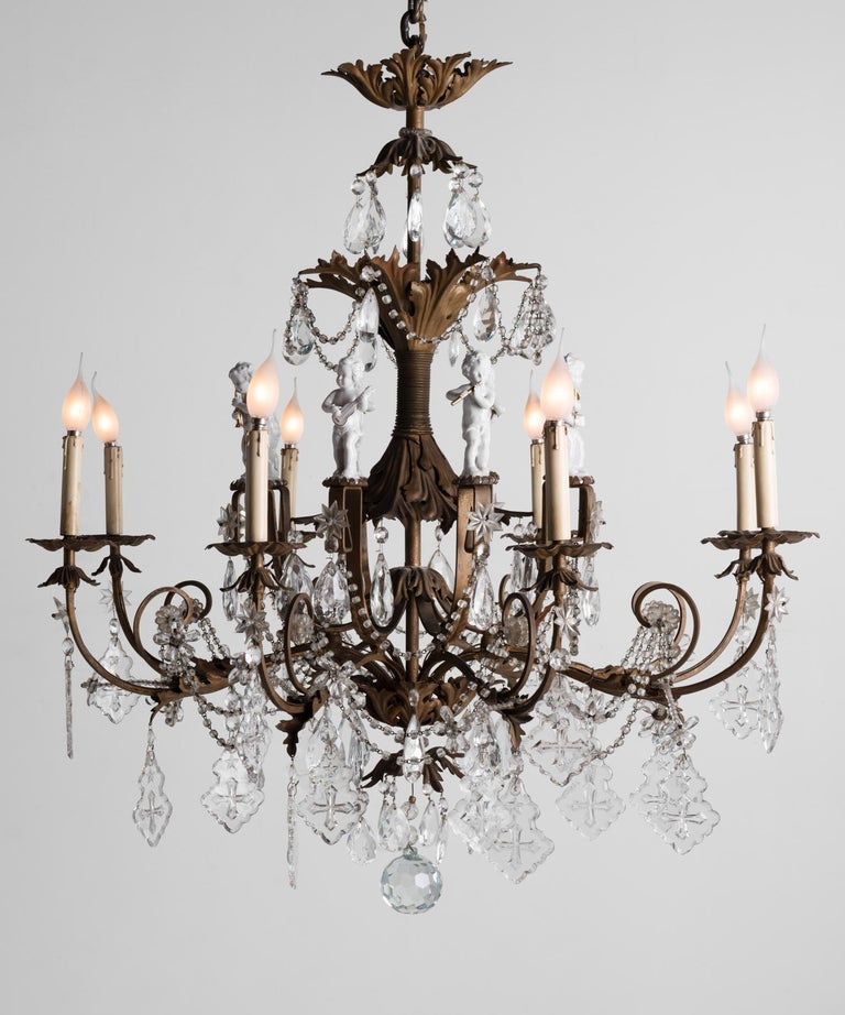 Ornate Brass Chandelier with Porcelain Figures, Italy, circa 1920 at