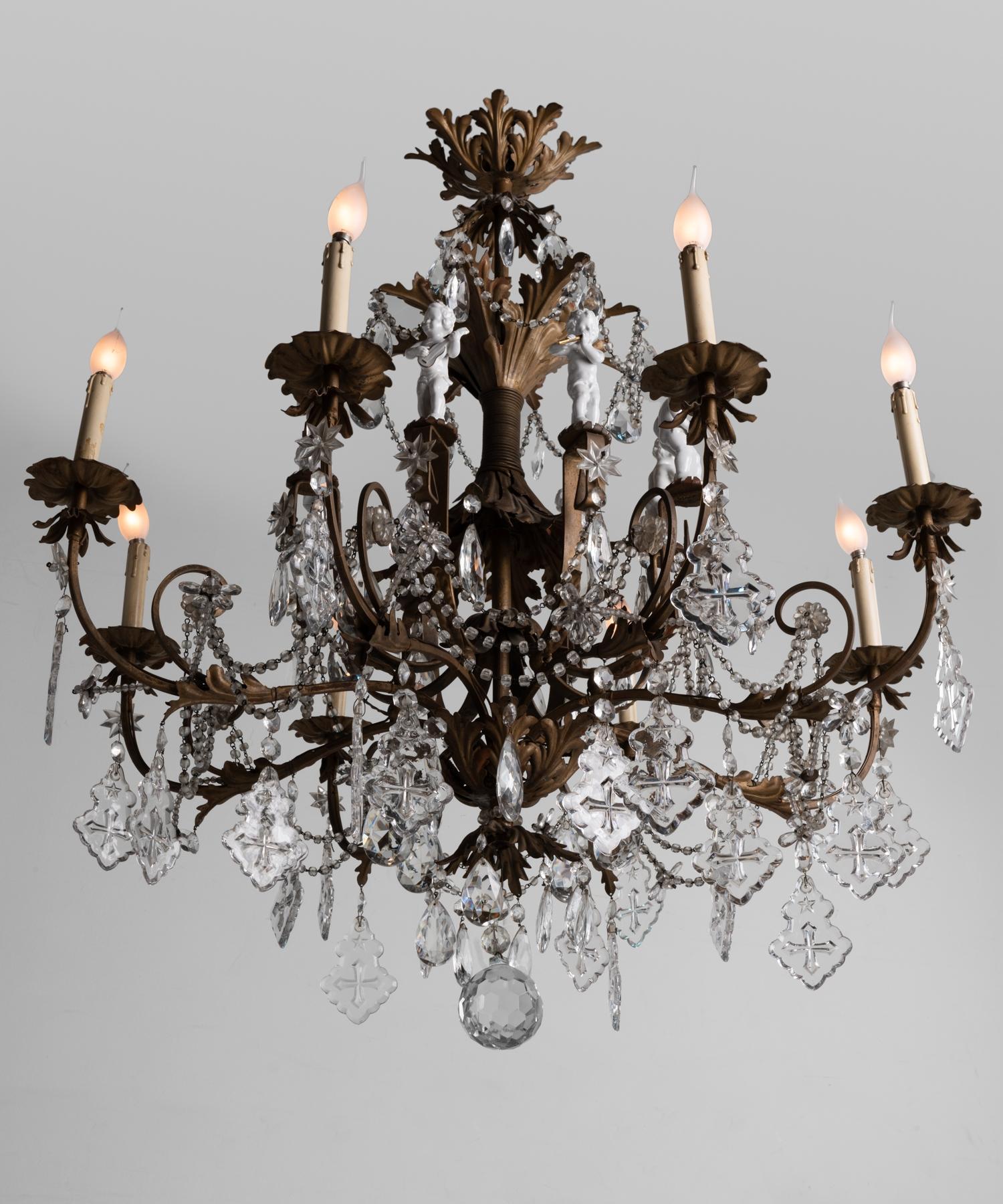 Italian Ornate Brass Chandelier with Porcelain Figures, Italy, circa 1920