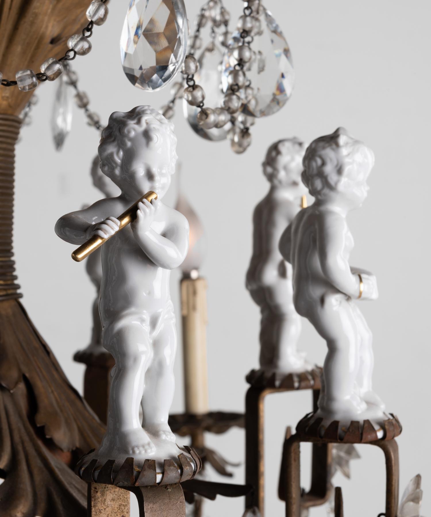 20th Century Ornate Brass Chandelier with Porcelain Figures, Italy, circa 1920