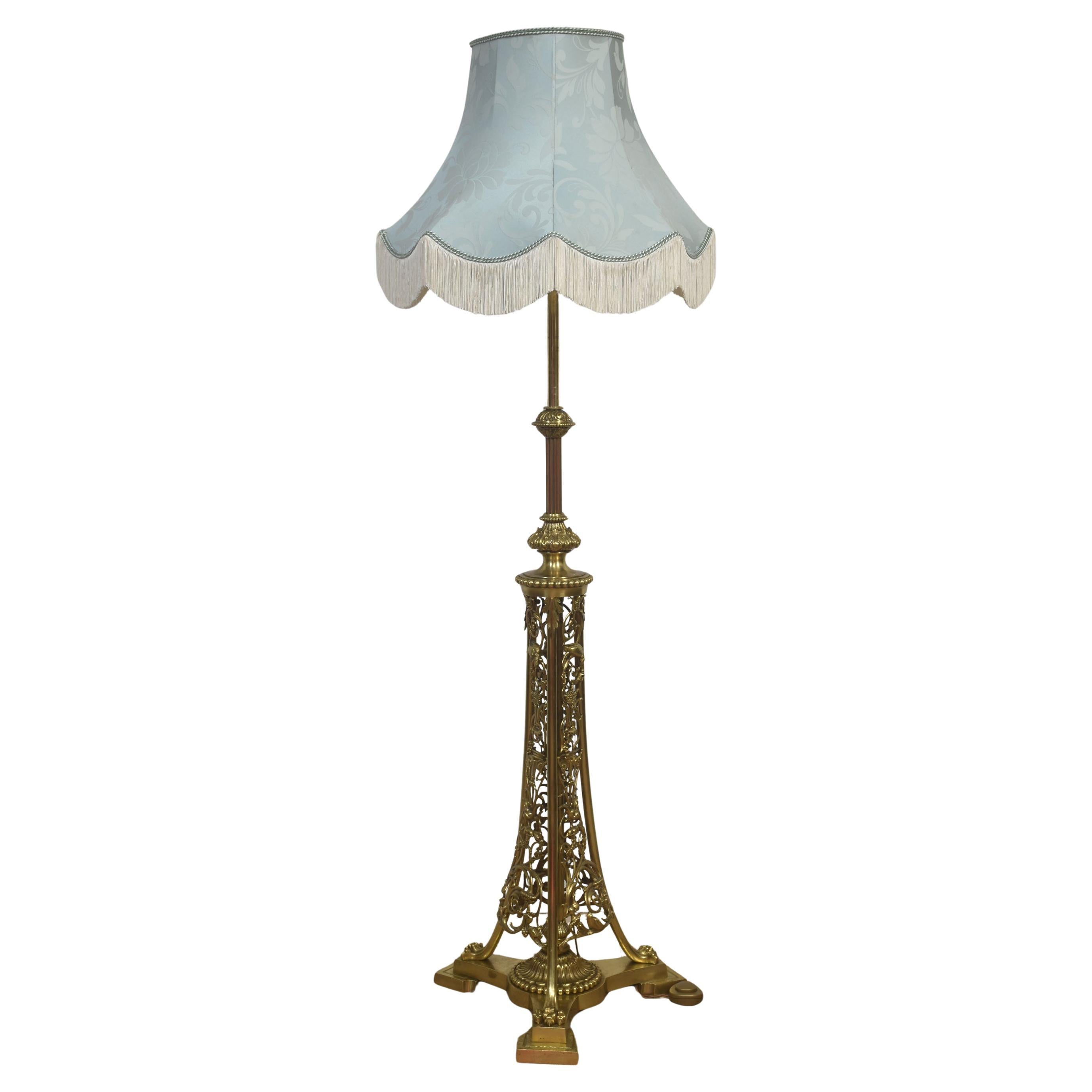 Ornate Brass Floor Lamp with Floral Openwork Base For Sale