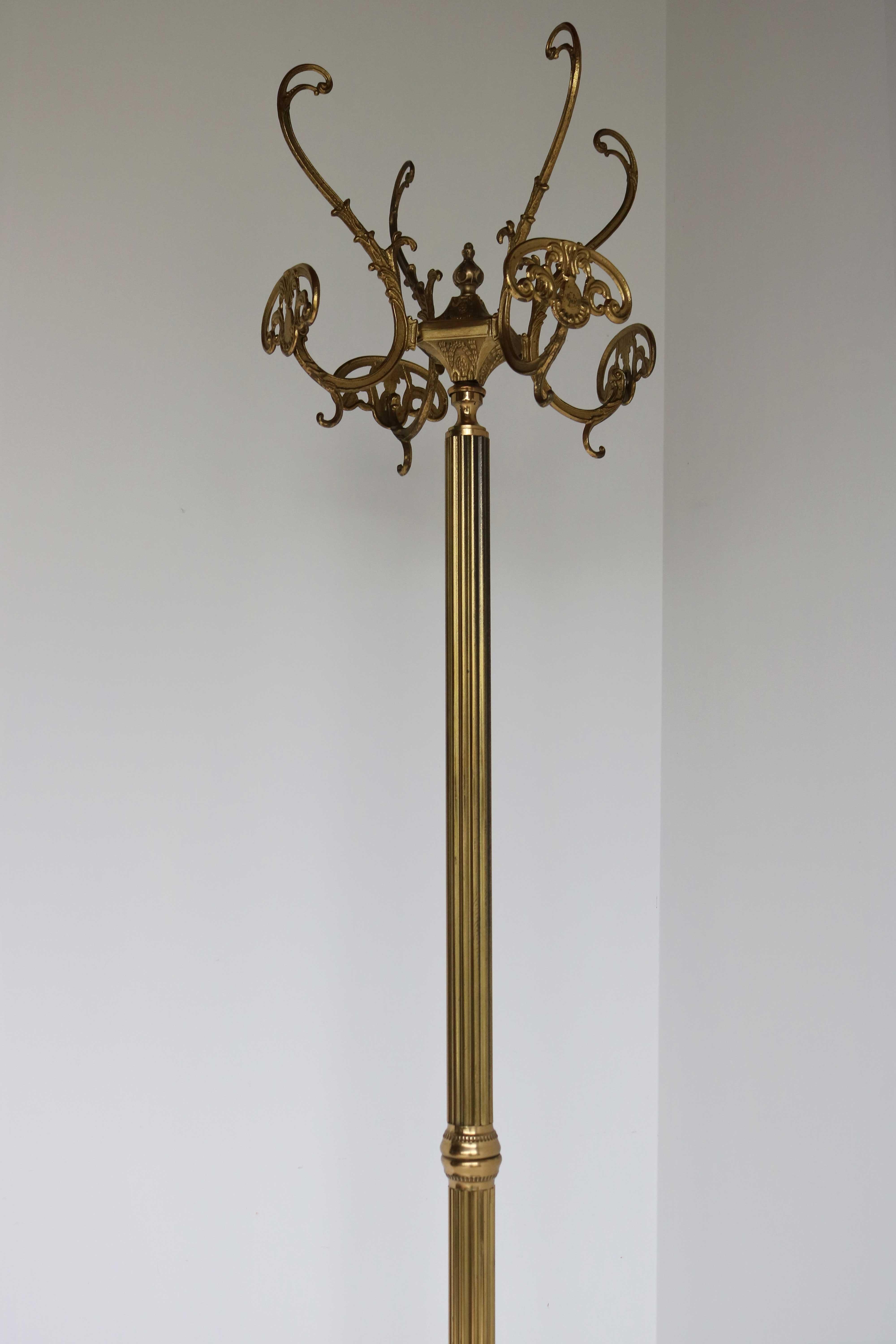 Mid-17th Century Ornate Brass Free Standing Coat Hat Rack Italian Hall Tree Stand Dolphin, 1960s For Sale