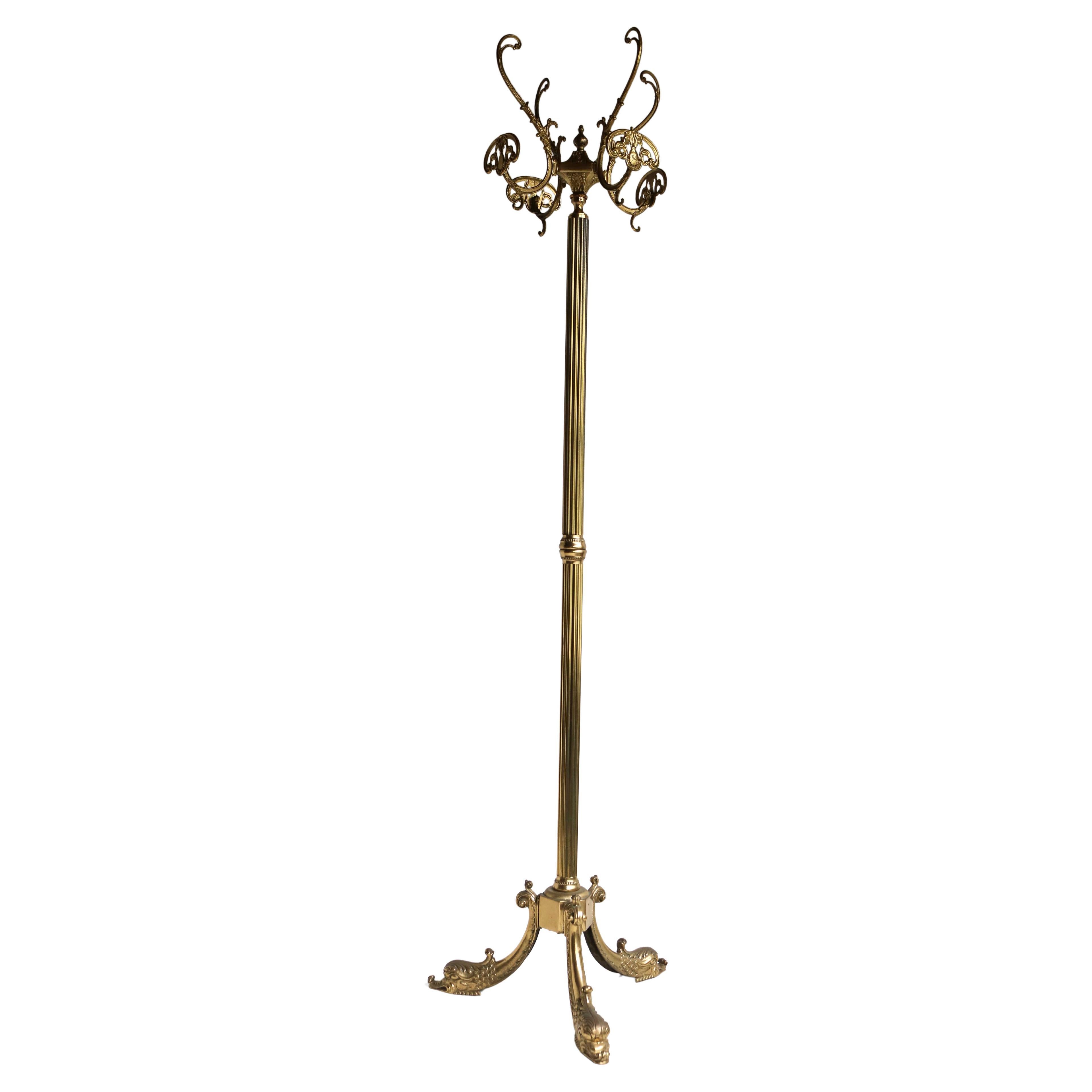 Ornate Brass Free Standing Coat Hat Rack Italian Hall Tree Stand Dolphin, 1960s For Sale