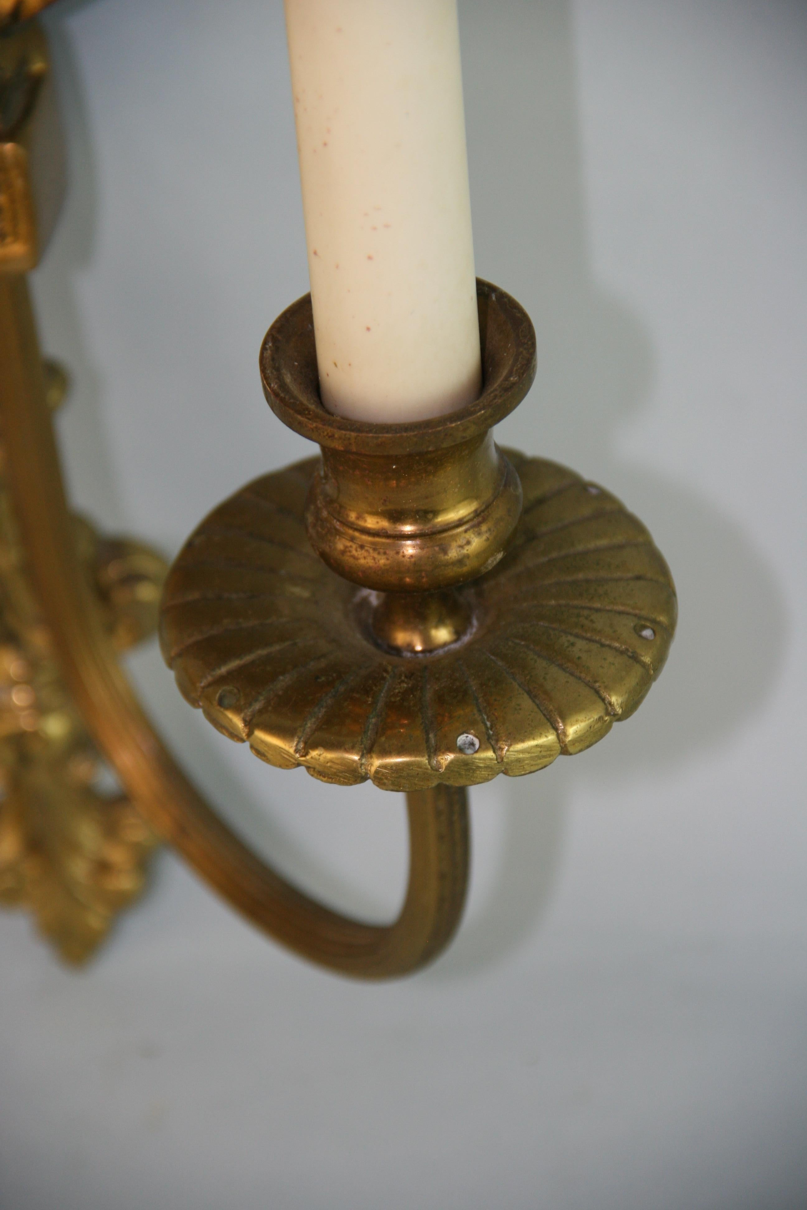 Ornate Brass Two Arm Mirrored Candle Sconces, Pair For Sale 4