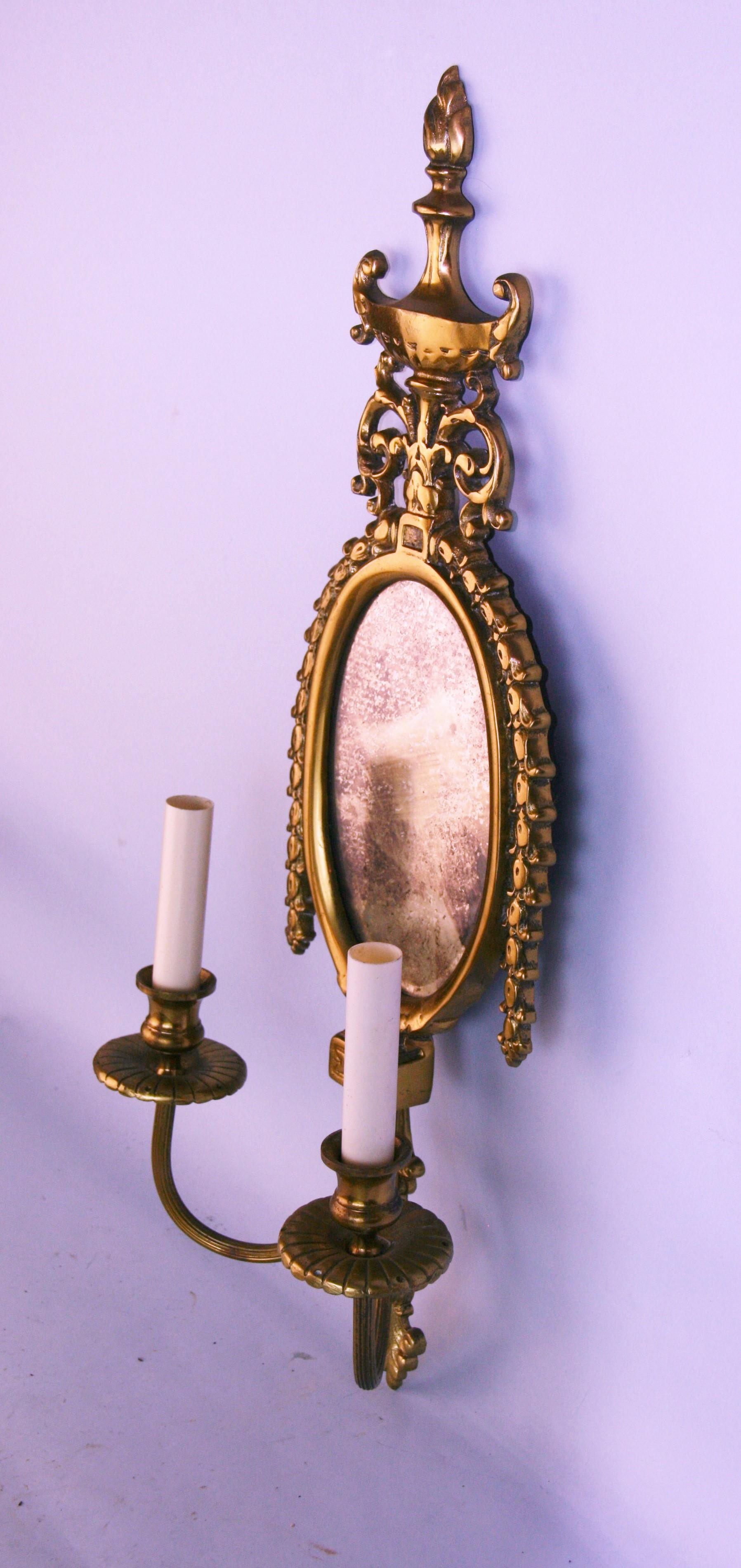Ornate Brass Two Arm Mirrored Candle Sconces, Pair For Sale 1