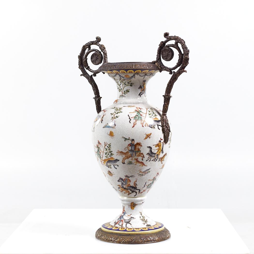 Modern Ornate Bronze and Ceramic White Vase For Sale