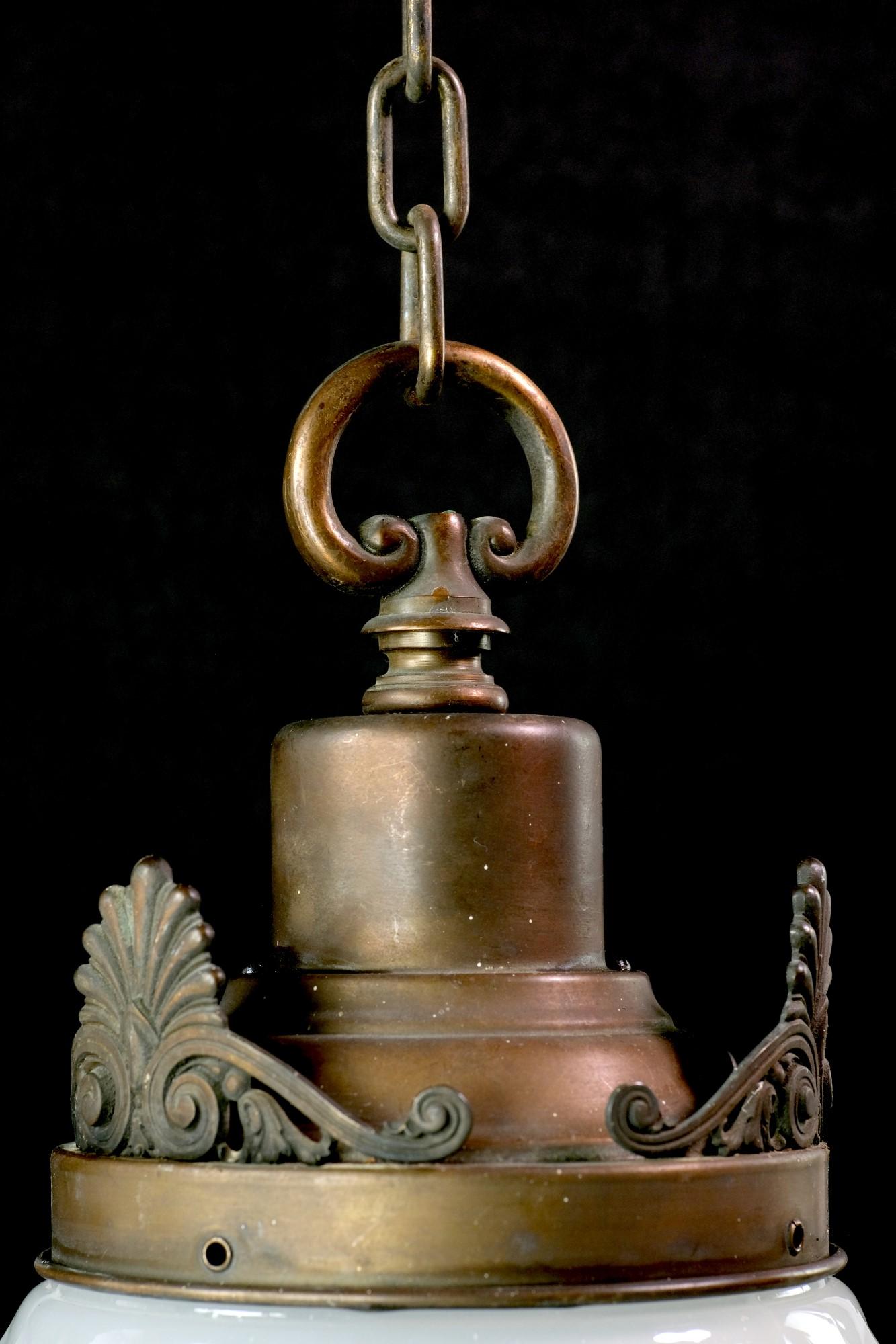 Beaux Arts Ornate Bronze Pendant Light W/ Fluted Milk Glass Globe