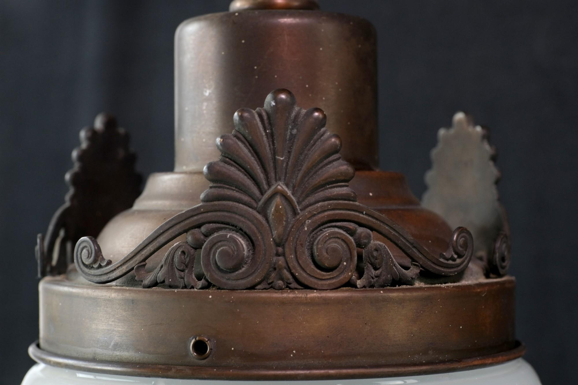 American Ornate Bronze Pendant Light W/ Fluted Milk Glass Globe