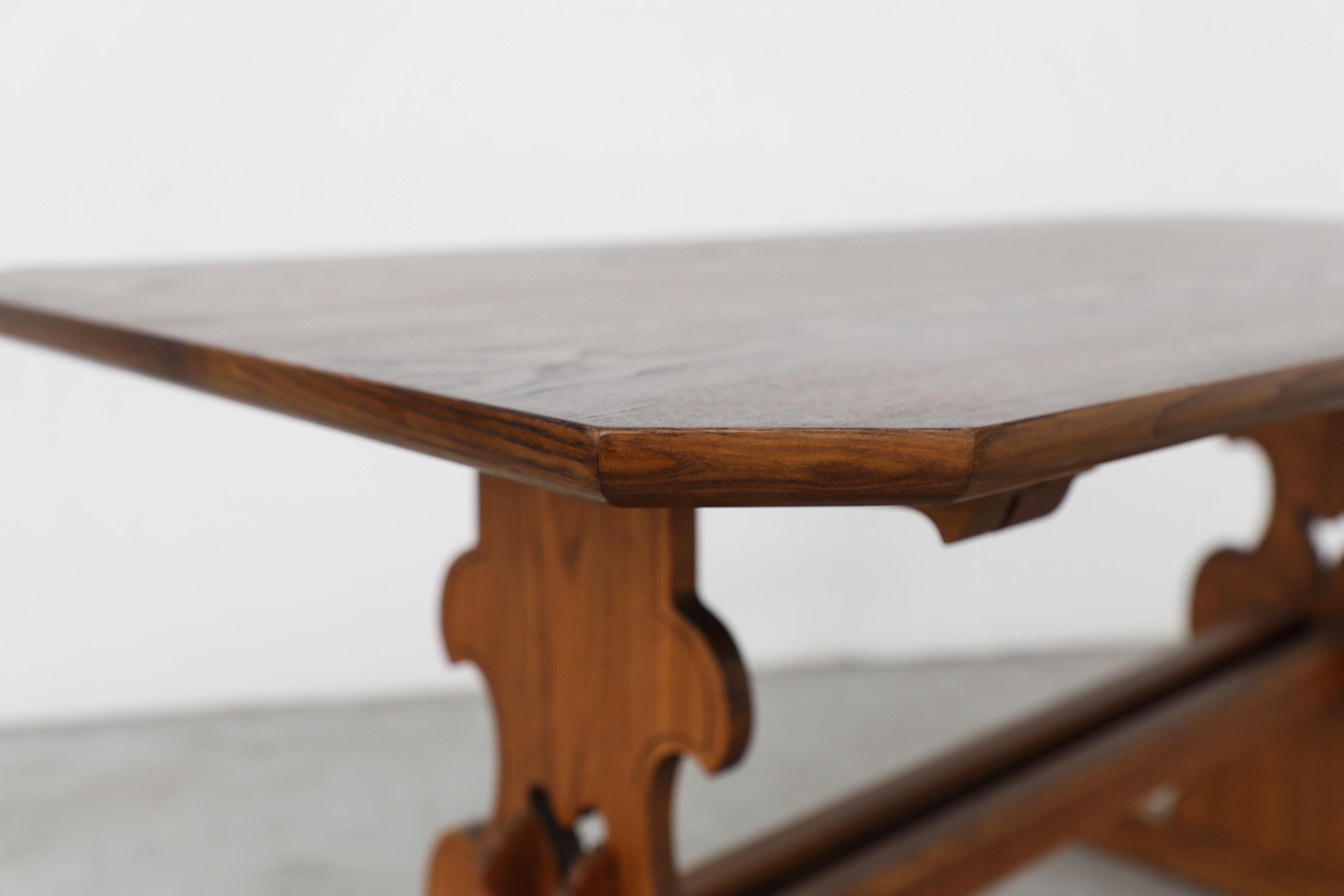 Austrian Ornate Brutalist Tyrolean Style Dark Pine Table with Angled Corners 4