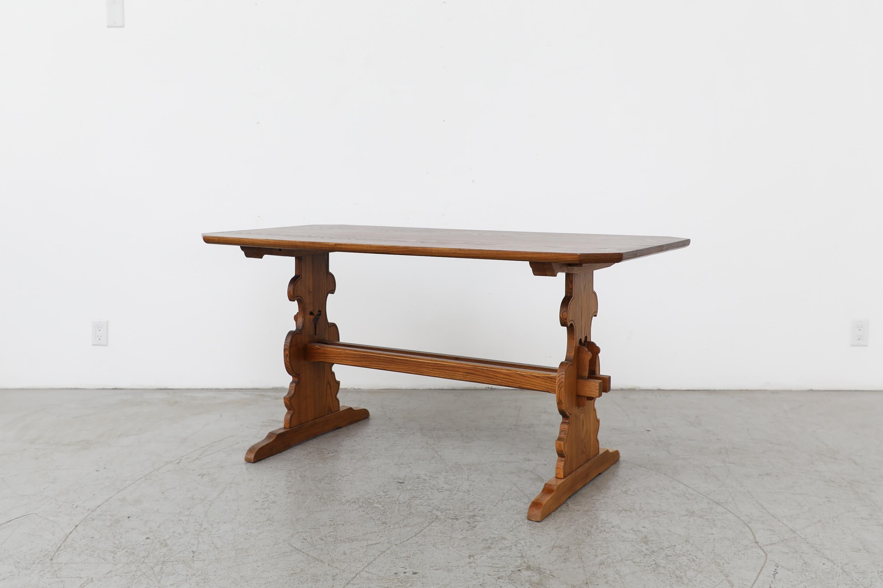 Mid-Century Modern Austrian Ornate Brutalist Tyrolean Style Dark Pine Table with Angled Corners For Sale