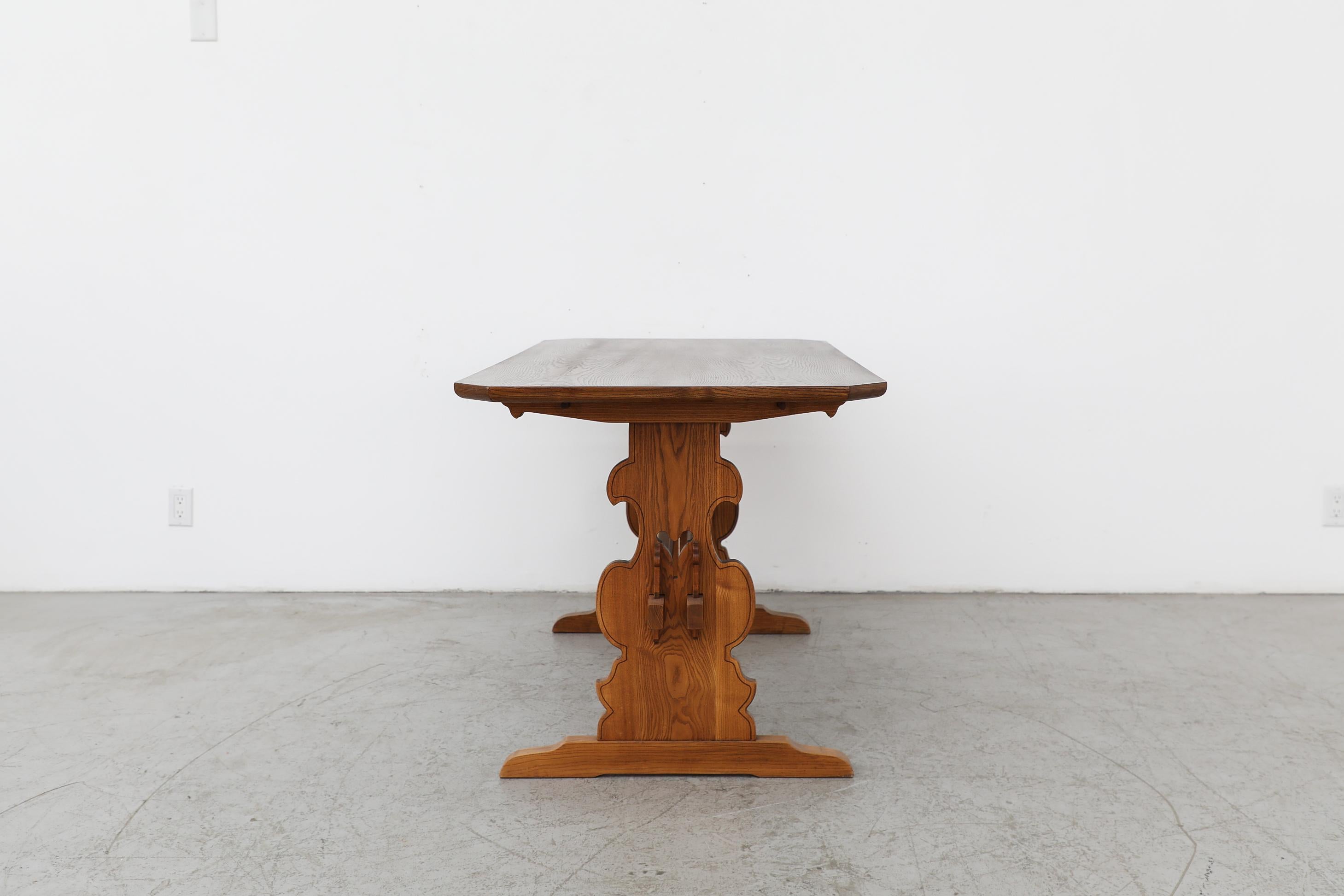 Austrian Ornate Brutalist Tyrolean Style Dark Pine Table with Angled Corners In Good Condition For Sale In Los Angeles, CA