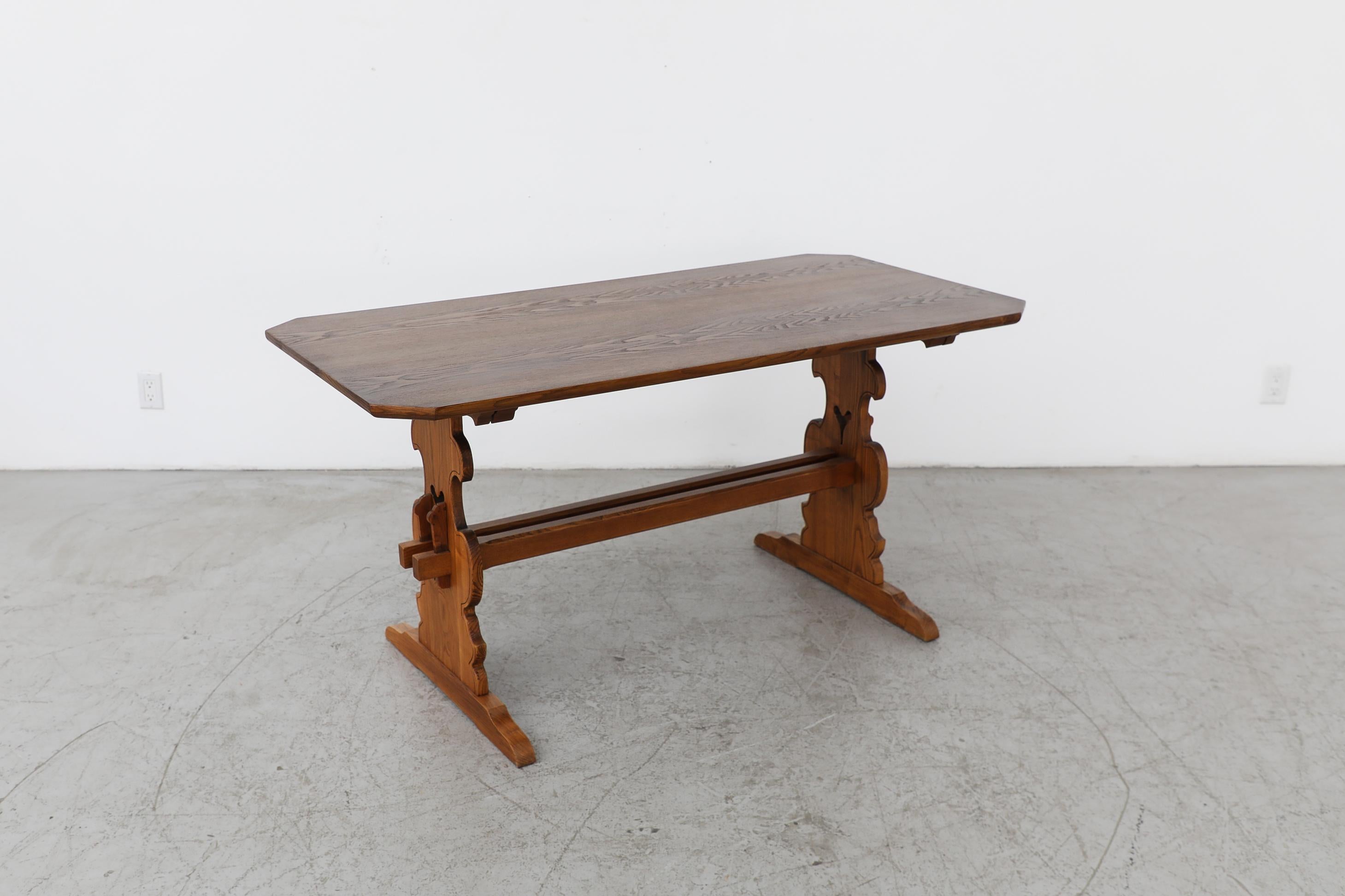 Oak Austrian Ornate Brutalist Tyrolean Style Dark Pine Table with Angled Corners