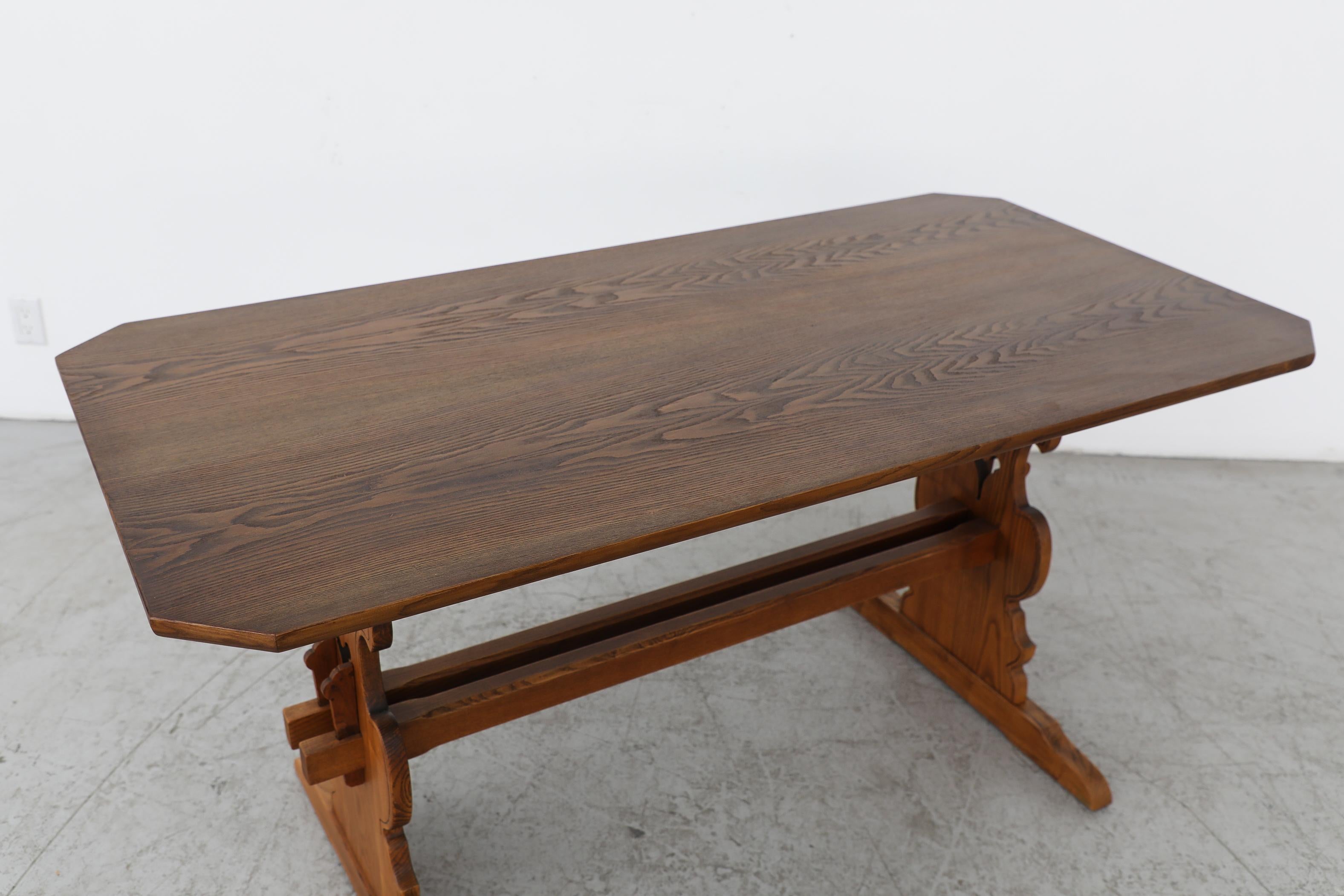 Austrian Ornate Brutalist Tyrolean Style Dark Pine Table with Angled Corners 1